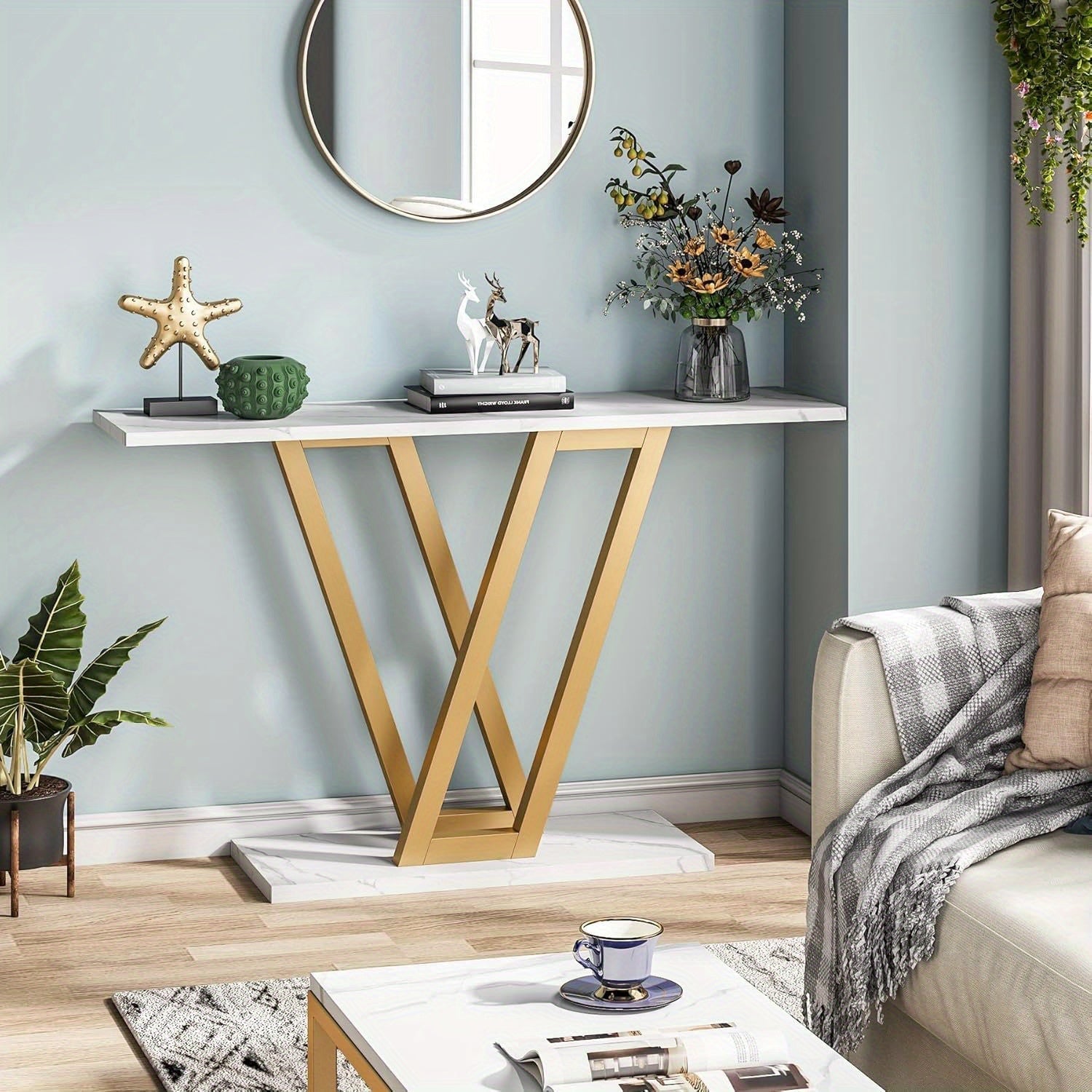 Golden Console Table, 109 cm Entryway Tables Narrow Sofa Table for Living Room, Modern Hallway Table for Entryway, Stable Metal Frame & Easy Assembly, Faux Marble White