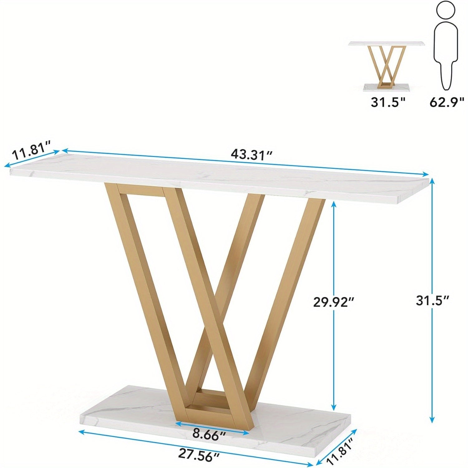 Golden Console Table, 109 cm Entryway Tables Narrow Sofa Table for Living Room, Modern Hallway Table for Entryway, Stable Metal Frame & Easy Assembly, Faux Marble White