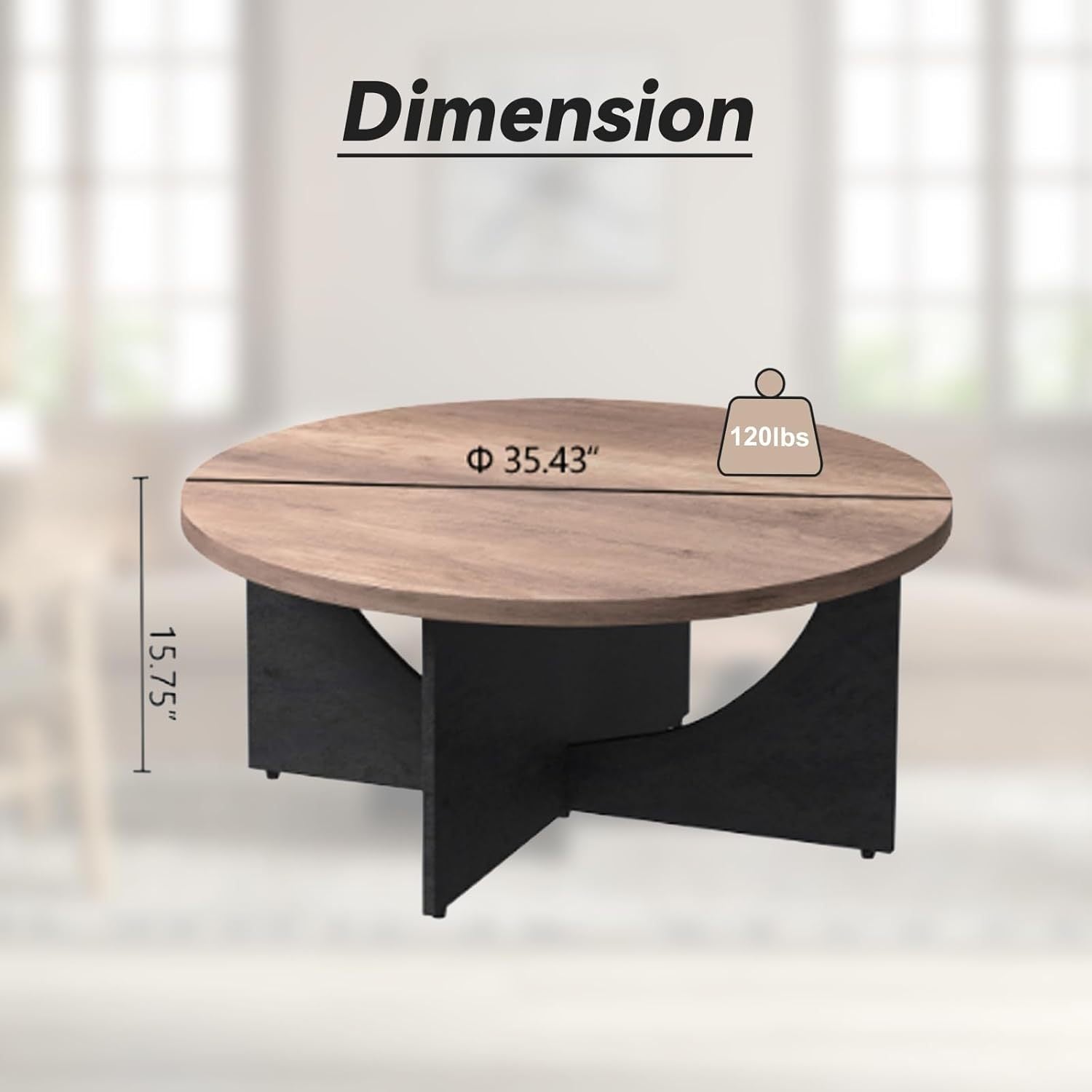 Round Coffee Table,89cm Center Table for Living Room, Modern Circle Retro Accent Table with Drawer, Sofa Side Table with Black Semi-Circular Cross Base for Home, Bedroom, Office