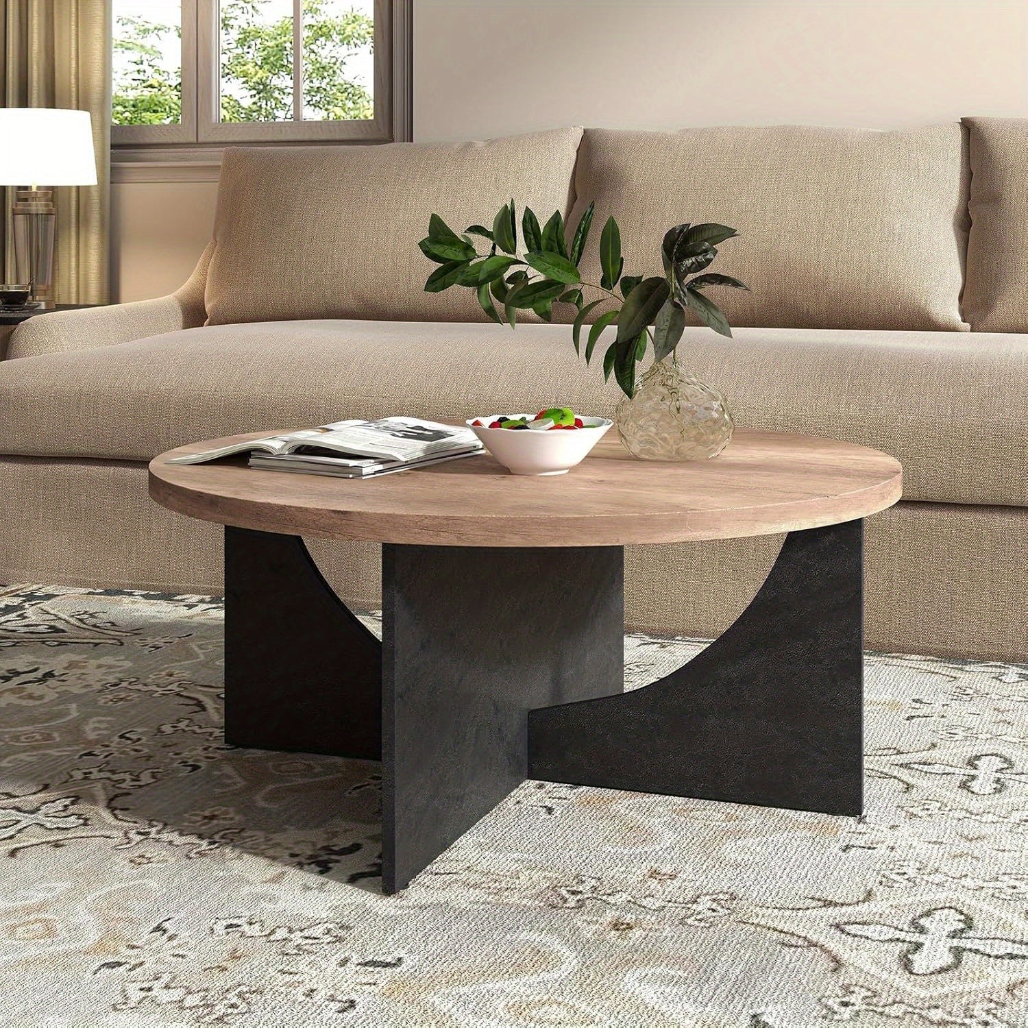 Round Coffee Table,89cm Center Table for Living Room, Modern Circle Retro Accent Table with Drawer, Sofa Side Table with Black Semi-Circular Cross Base for Home, Bedroom, Office