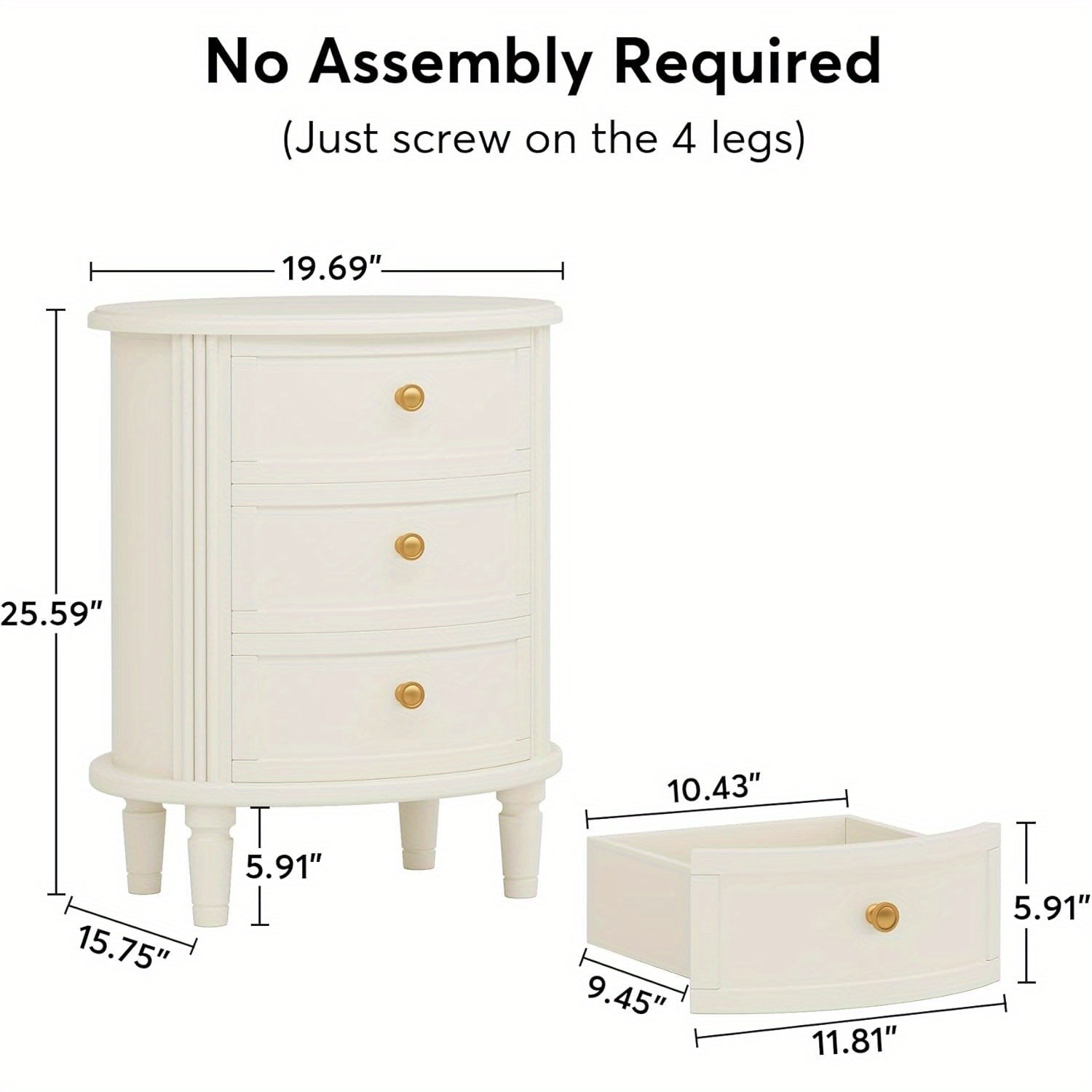 Nightstand with 3 Drawers, Wooden Side End Table with Solid Wood Legs for Living Room, Oval Bed Side Table for Bedroom, Fully Assembled, Farmhouse Night Stand with Storage, Beige White