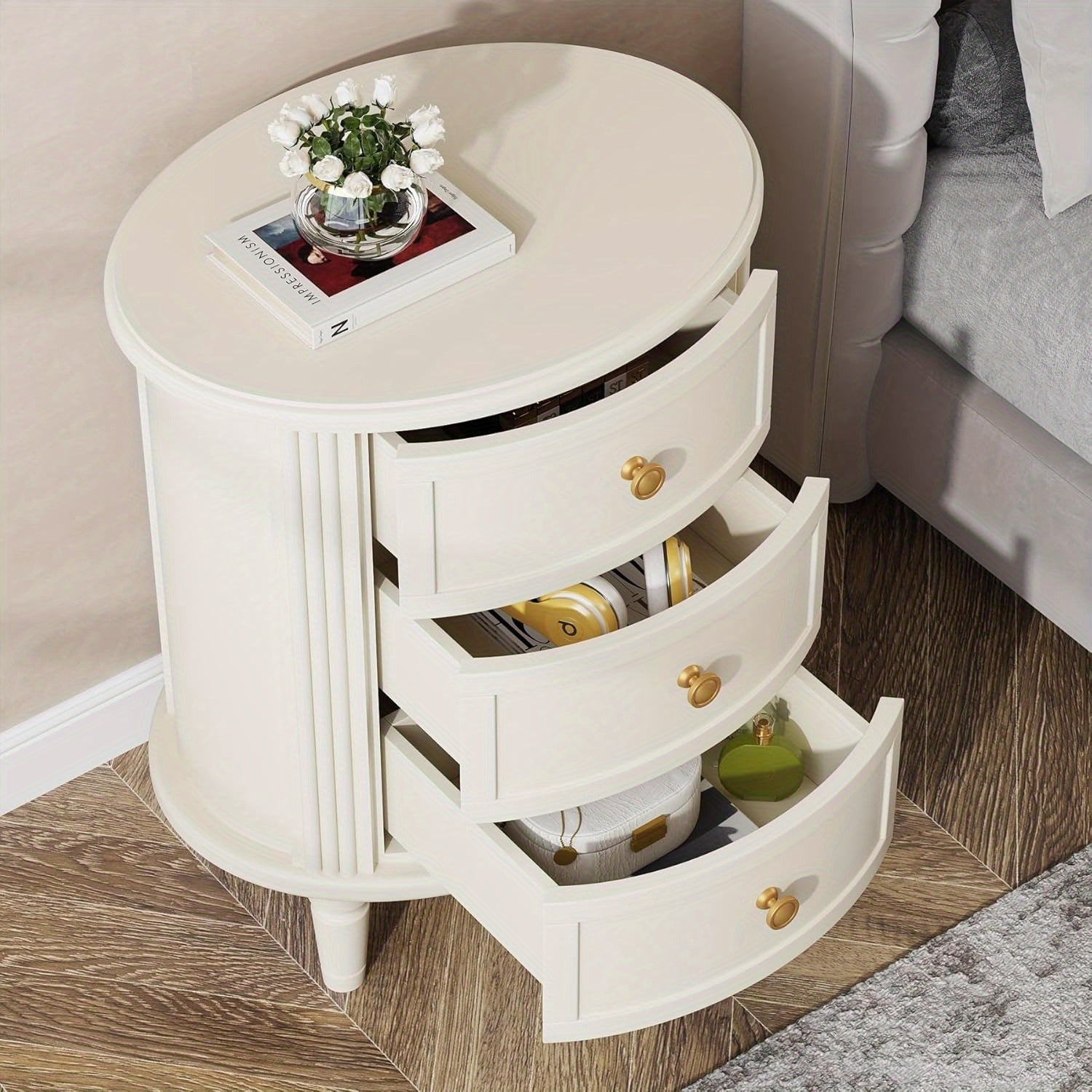 Nightstand with 3 Drawers, Wooden Side End Table with Solid Wood Legs for Living Room, Oval Bed Side Table for Bedroom, Fully Assembled, Farmhouse Night Stand with Storage, Beige White