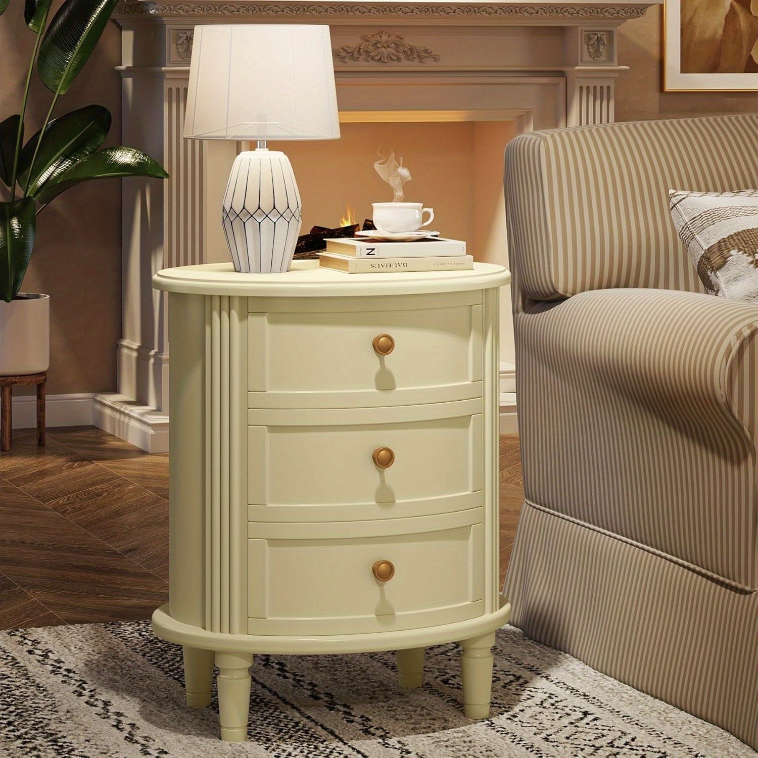 Nightstand with 3 Drawers, Wooden Side End Table with Solid Wood Legs for Living Room, Oval Bed Side Table for Bedroom, Fully Assembled, Farmhouse Night Stand with Storage, Beige White