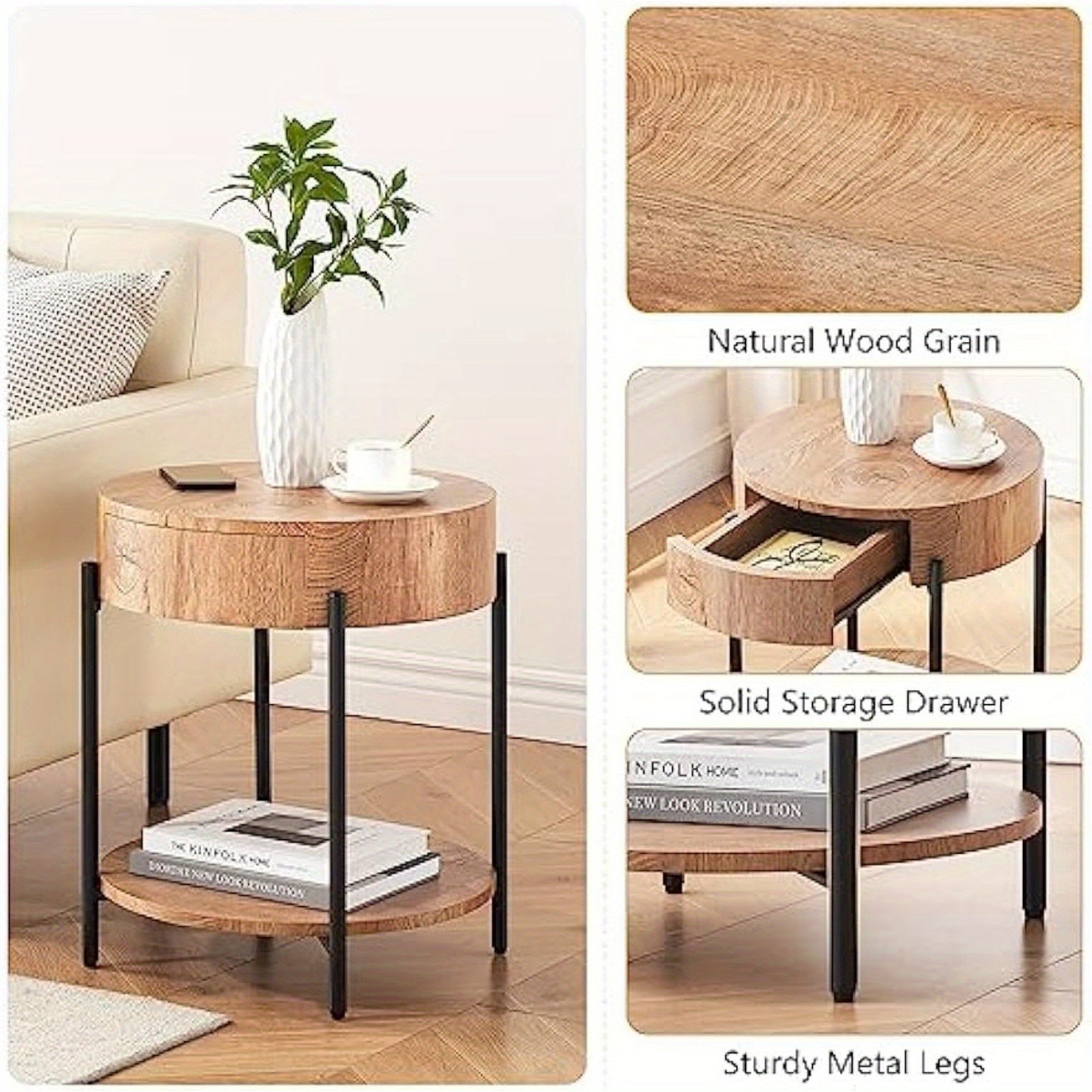 Round End Table Wood Side Table with Drawer Farmhouse Circle End Tables Accent Bedside Table Metal Frame Small Nightstand for Living Room, Bedroom and Small Spaces, Easy Assembly (Natural)