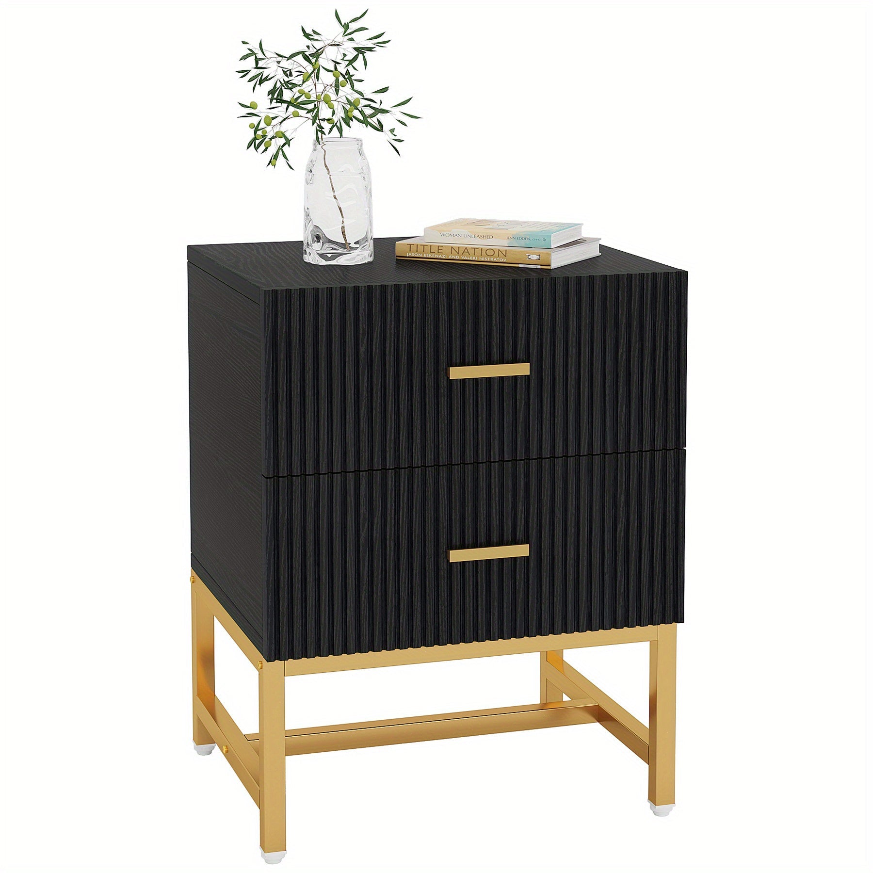 2 Drawer Nightstand, Modern Fluted Nightstand, Nightstand with Storage, Wooden Coffee Table, Decorative Tables for Bedro