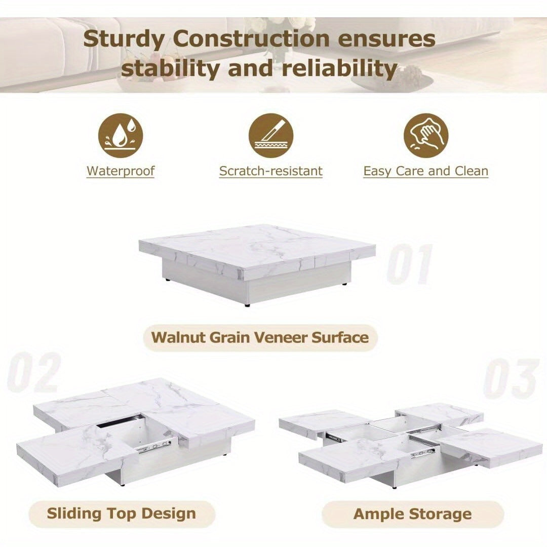 102cm Square Marble Veneer Coffee Table Sliding Top, Modern Wood Coffee Table with Storage, Hidden Compartment for Apartment, Home, Retro, (White+Square+Sliding Top)