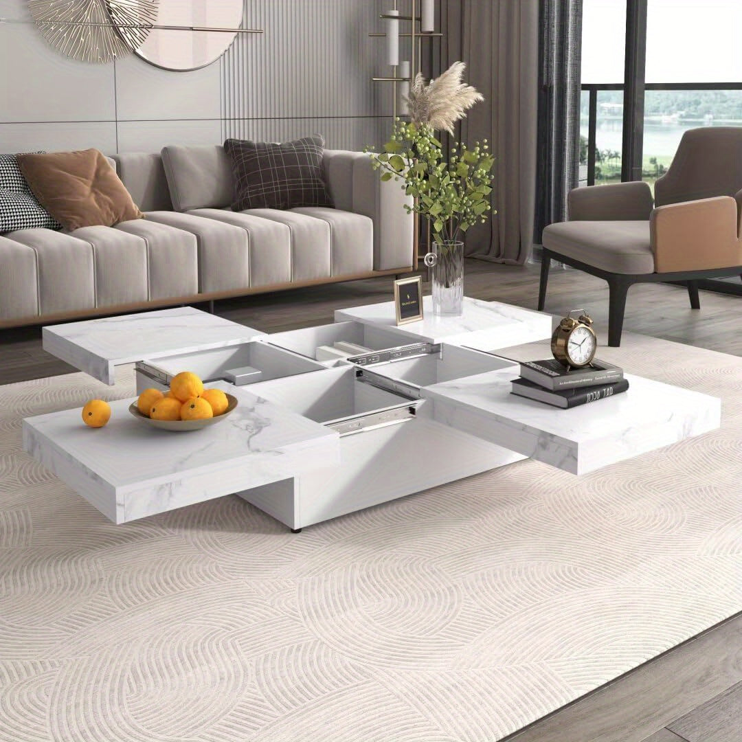 102cm Square Marble Veneer Coffee Table Sliding Top, Modern Wood Coffee Table with Storage, Hidden Compartment for Apartment, Home, Retro, (White+Square+Sliding Top)