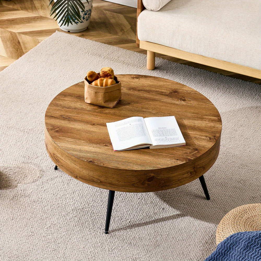 Modern Coffee Table Round Minimalist with Metal Legs, 31" Circle Coffee Table Decor, Rustic Living Room Furniture, Engineered Wood Easy to Clean & Easy to Assemble