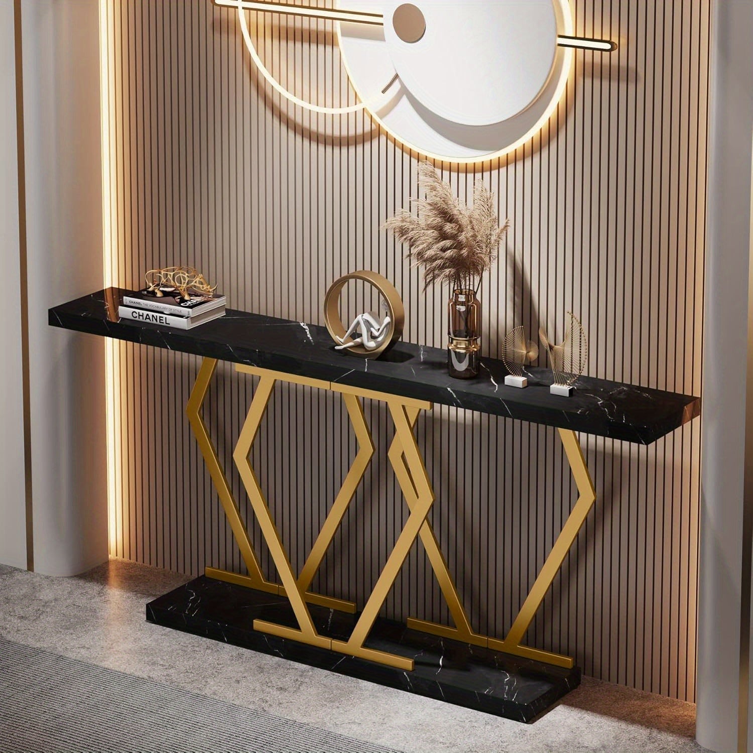 Console Table with Faux Marble Tabletop, 180 cm Extra Long Sofa Table, Modern Long Entryway Table with Gold Frame