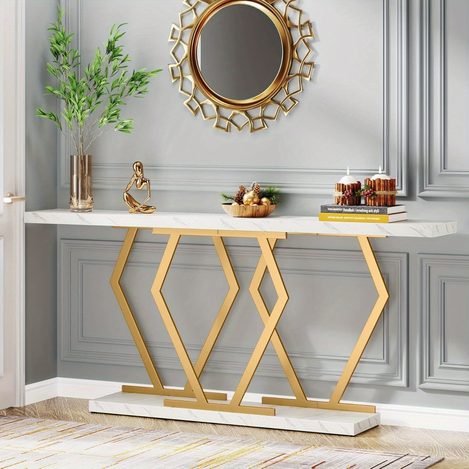 Console Table with Faux Marble Tabletop, 180 cm Extra Long Sofa Table, Modern Long Entryway Table with Gold Frame