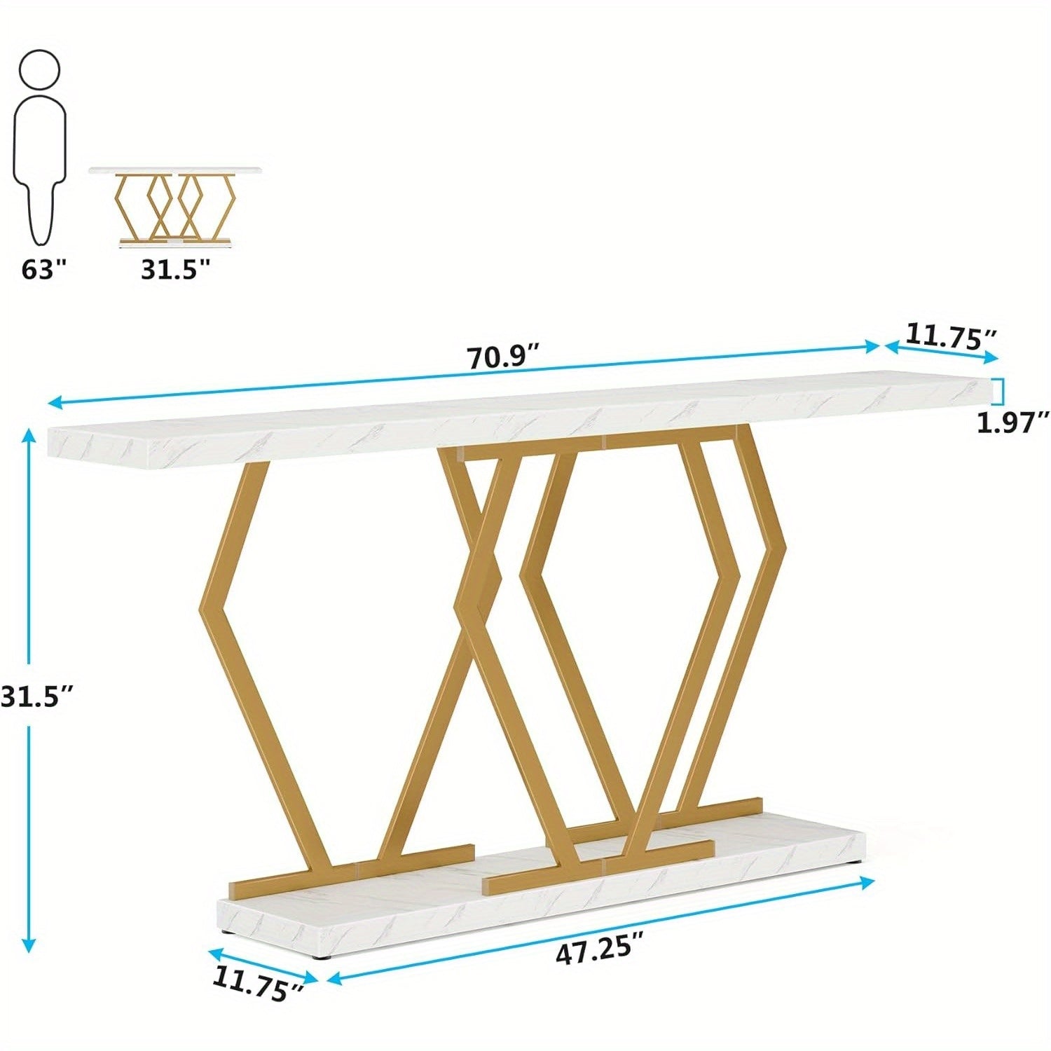 Console Table with Faux Marble Tabletop, 180 cm Extra Long Sofa Table, Modern Long Entryway Table with Gold Frame