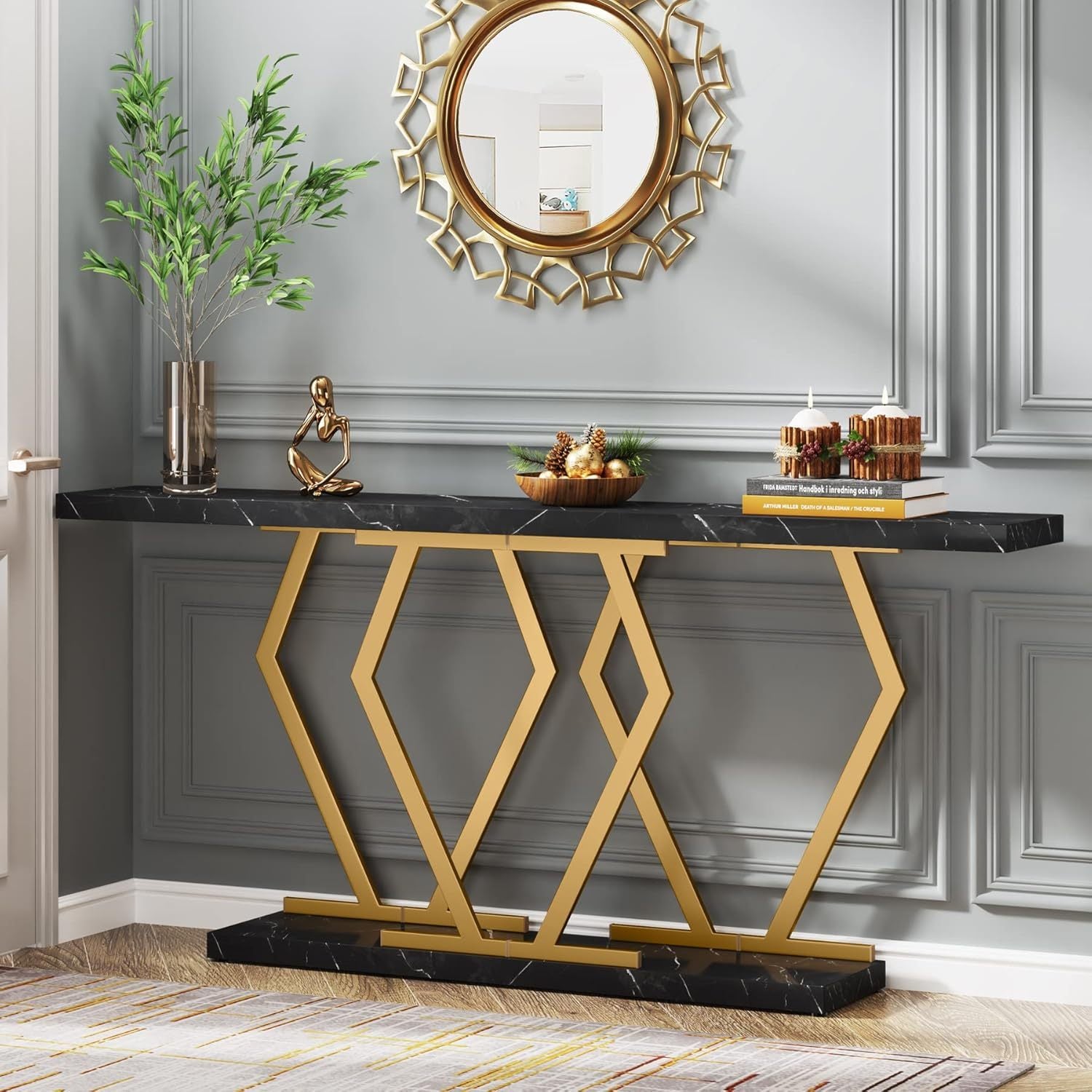 Console Table with Faux Marble Tabletop, 180 cm Extra Long Sofa Table, Modern Long Entryway Table with Gold Frame