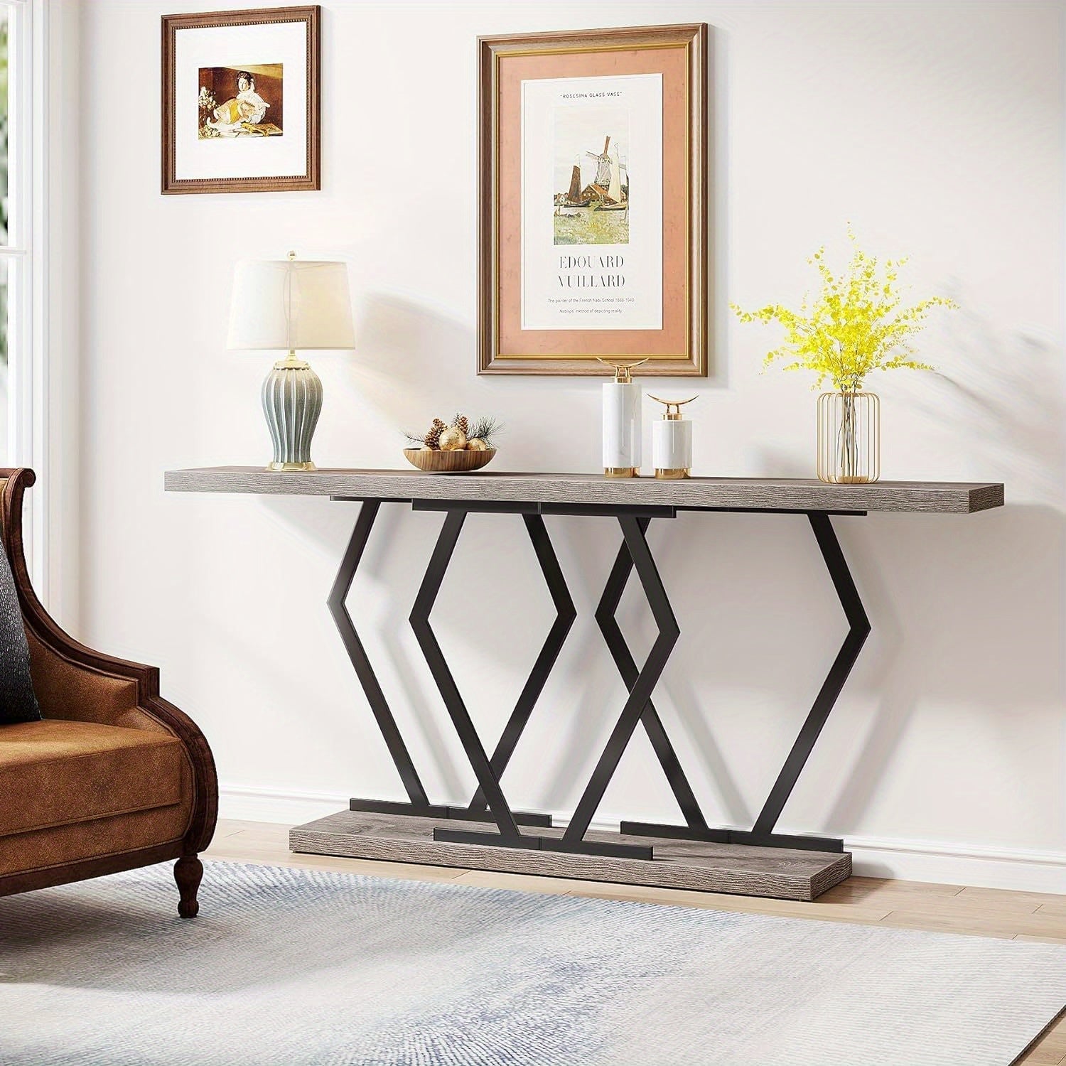 Console Table with Faux Marble Tabletop, 180 cm Extra Long Sofa Table, Modern Long Entryway Table with Gold Frame