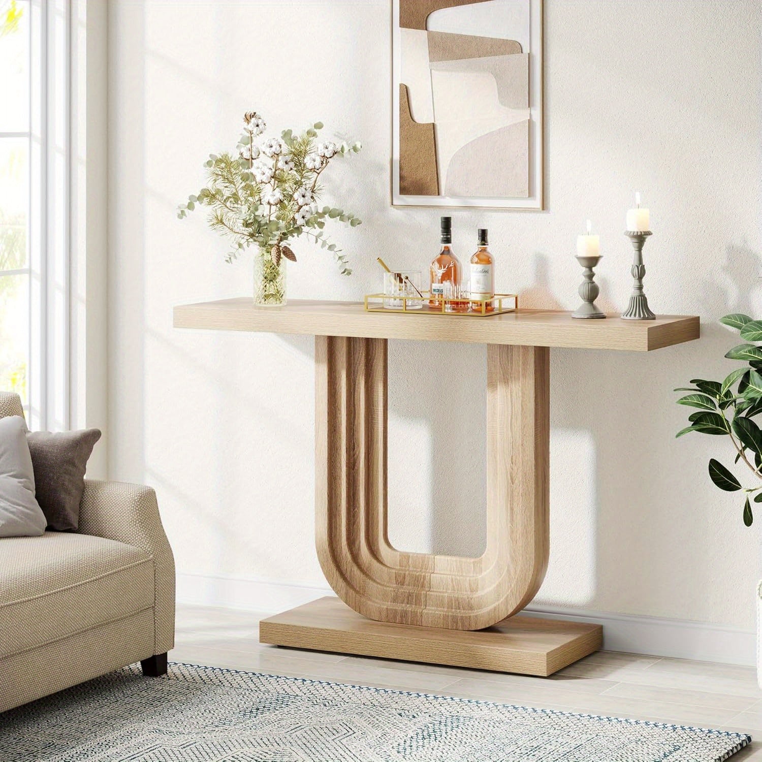 99 cm Narrow Console Table with Geometric Base, Farmhouse Entryway Table, Wood Skinny Sofa Table Behind Couch with Storage for Living Room, Hallway, Foyer, Entrance