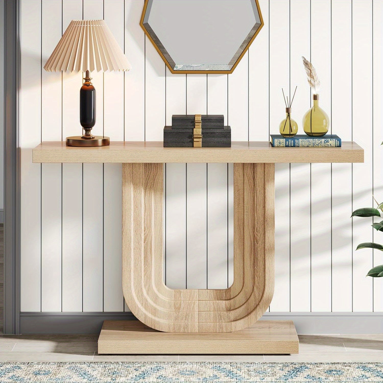 99 cm Narrow Console Table with Geometric Base, Farmhouse Entryway Table, Wood Skinny Sofa Table Behind Couch with Storage for Living Room, Hallway, Foyer, Entrance