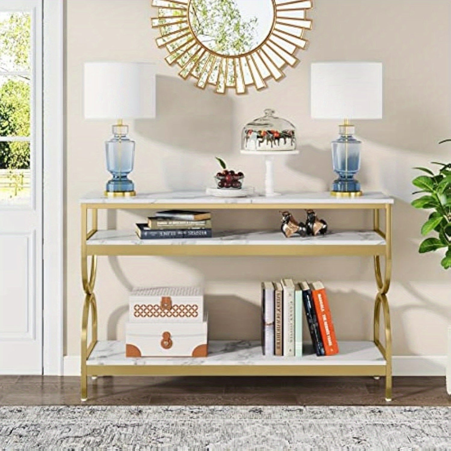 3-Tier Console Table, 140 cm Sofa Table with Open Storage Shelves, Narrow Long Hallway/Entryway Table with Faux Marble Top for Home Living Room Entryway, White & Gold