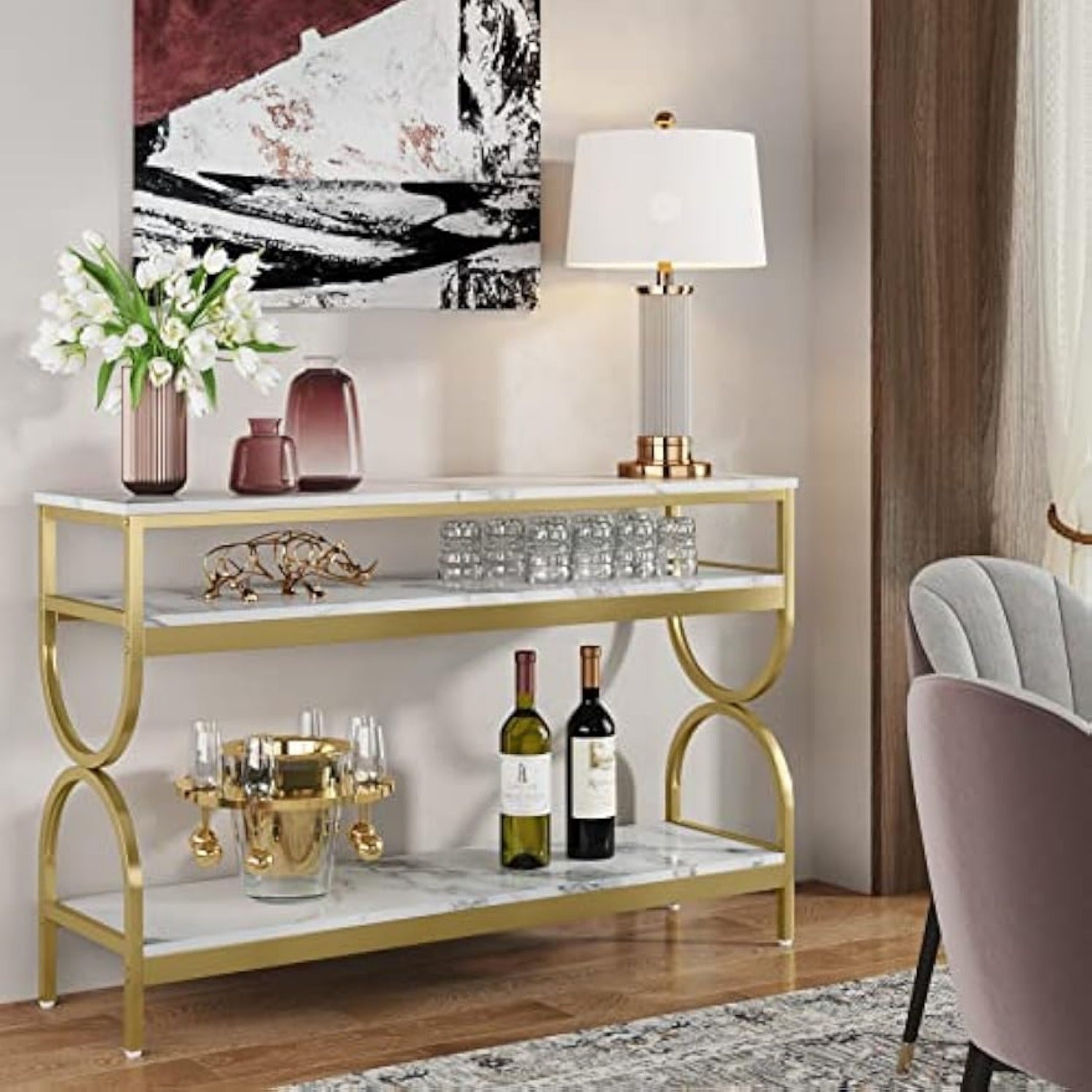 3-Tier Console Table, 140 cm Sofa Table with Open Storage Shelves, Narrow Long Hallway/Entryway Table with Faux Marble Top for Home Living Room Entryway, White & Gold