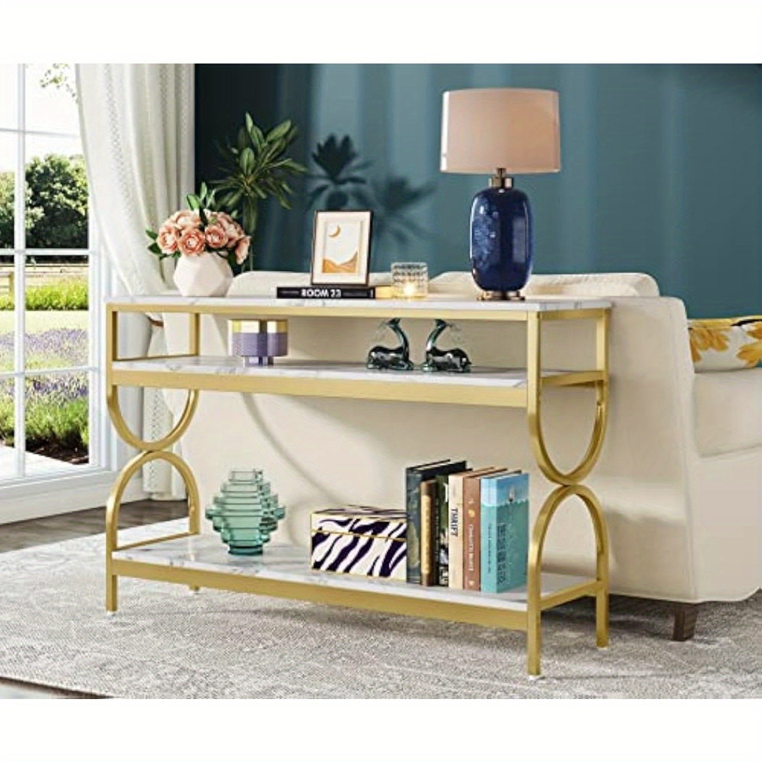 3-Tier Console Table, 140 cm Sofa Table with Open Storage Shelves, Narrow Long Hallway/Entryway Table with Faux Marble Top for Home Living Room Entryway, White & Gold