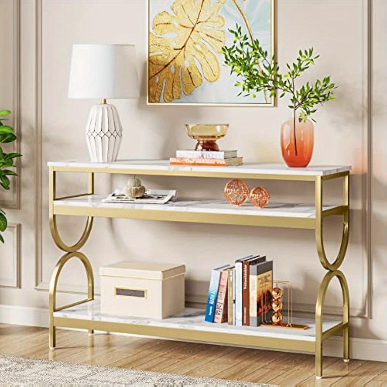 3-Tier Console Table, 140 cm Sofa Table with Open Storage Shelves, Narrow Long Hallway/Entryway Table with Faux Marble Top for Home Living Room Entryway, White & Gold