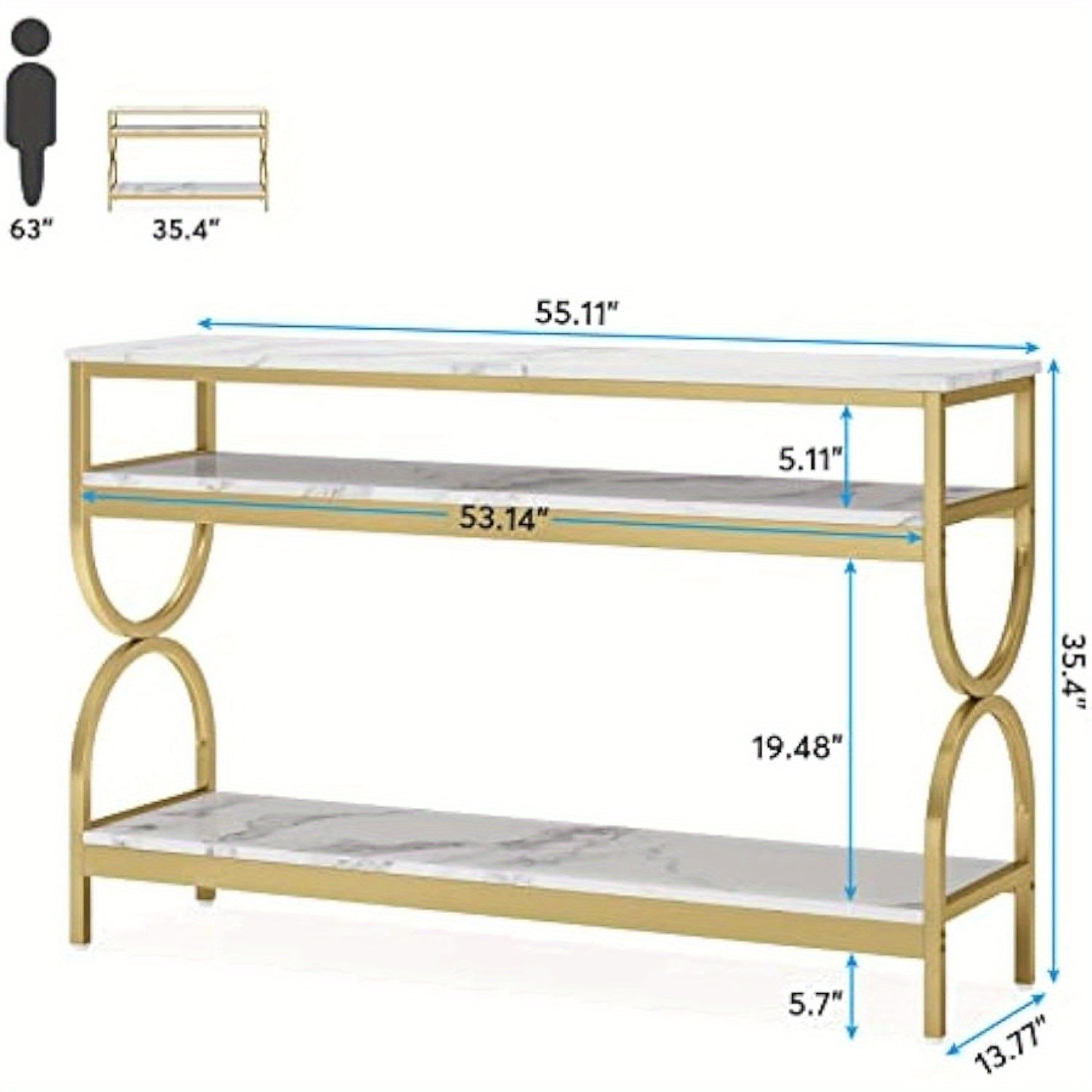 3-Tier Console Table, 140 cm Sofa Table with Open Storage Shelves, Narrow Long Hallway/Entryway Table with Faux Marble Top for Home Living Room Entryway, White & Gold