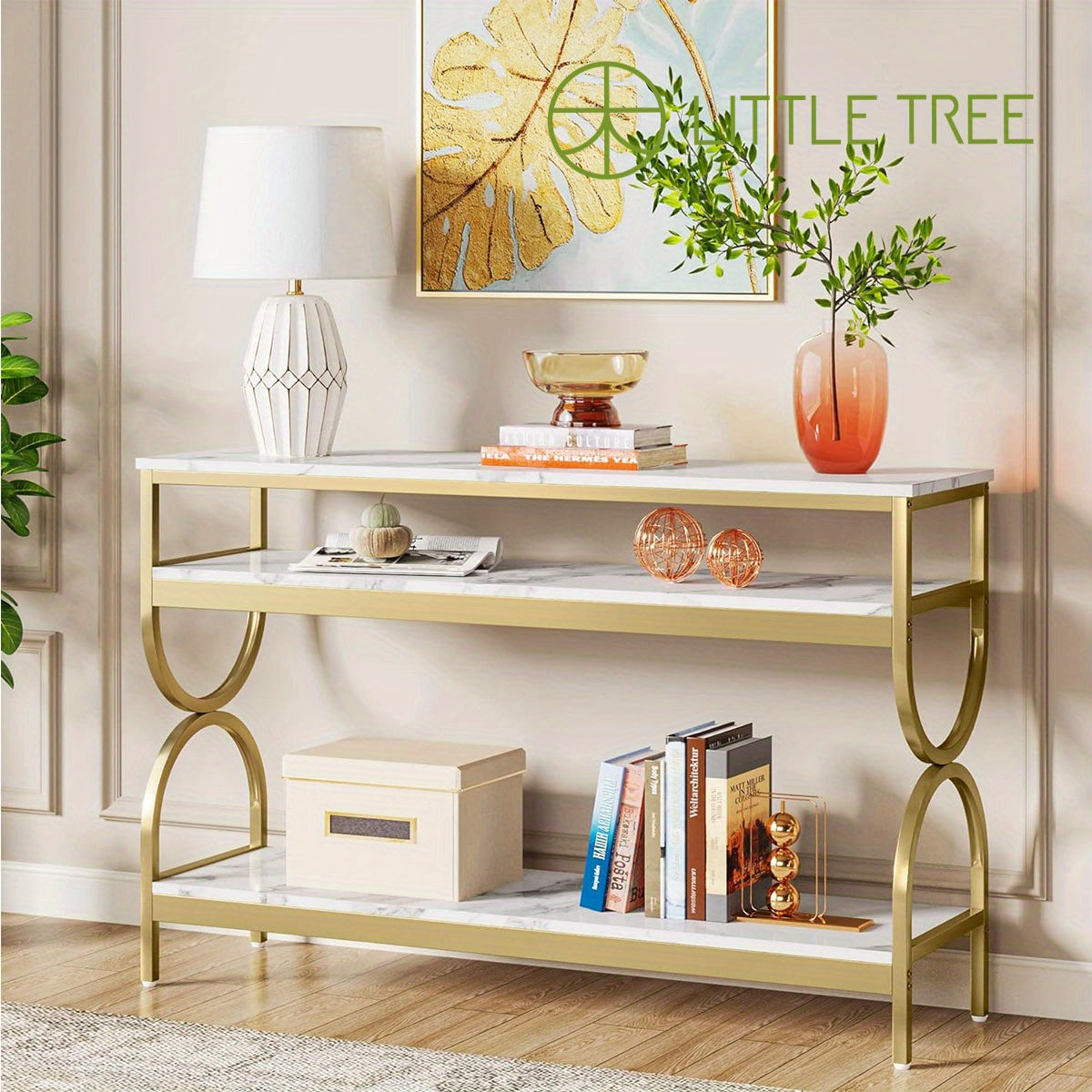 3-Tier Console Table, 140 cm Sofa Table with Open Storage Shelves, Narrow Long Hallway/Entryway Table with Faux Marble Top for Home Living Room Entryway, White & Gold