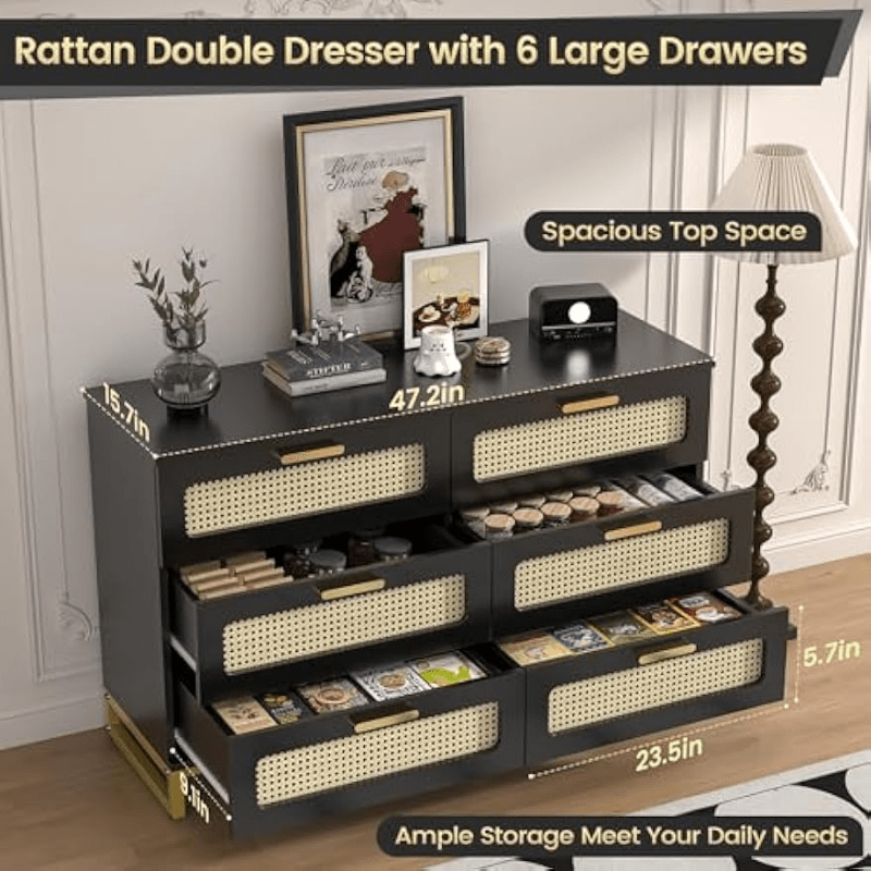 Natural Rattan Dresser for Bedroom with 6 Drawer, Wood Durable Dressers & chests of Drawers with golden Handles, Handmade Natural Rattan Modern Storage Double Drawers for Bedroom, Closet, Living room