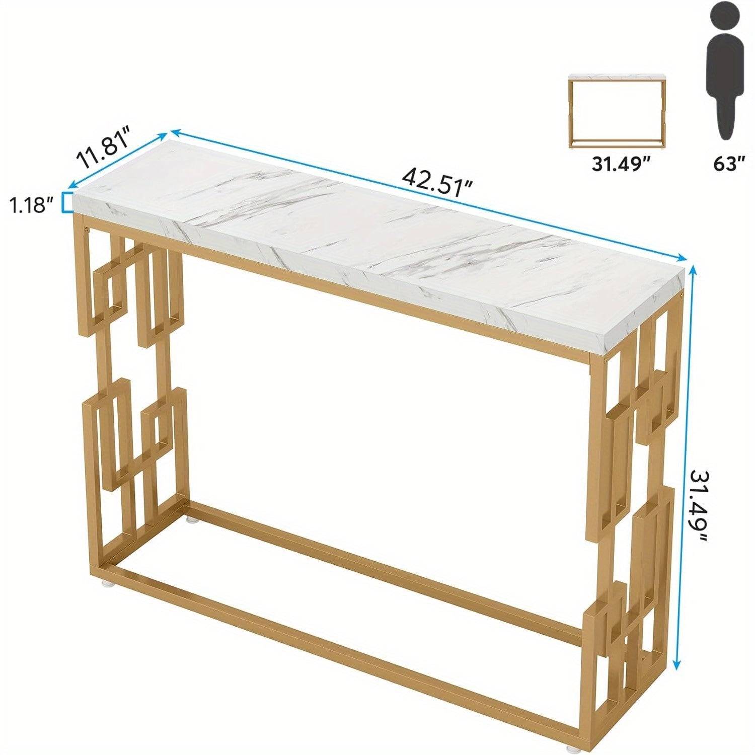 Gold Console Table, Modern 108 cm Sofa Tables Entryway Hallway Foyer Table, Faux Marble Tabletop Sofa Table Behind Couch with Gold Metal Legs for Living Room, Easy Assembly