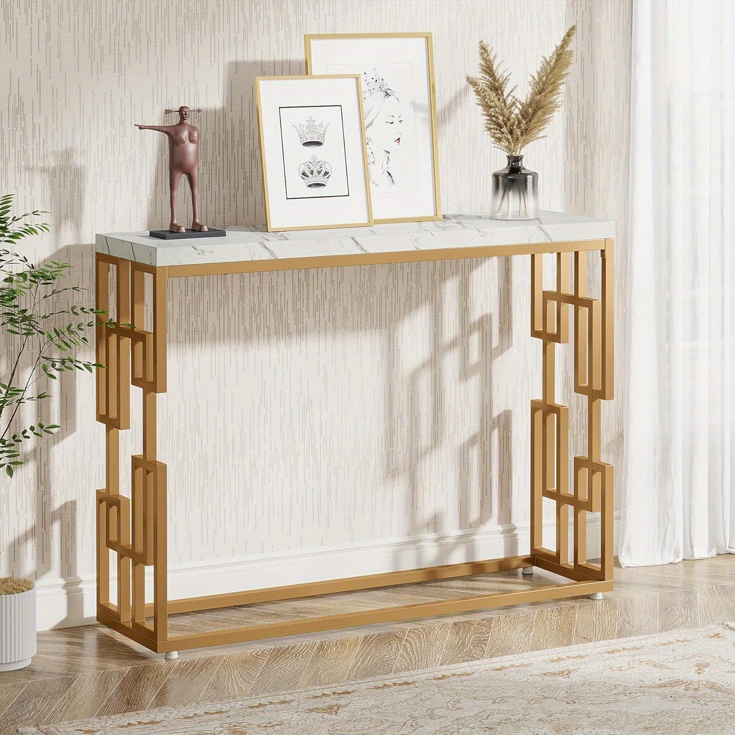 Gold Console Table, Modern 108 cm Sofa Tables Entryway Hallway Foyer Table, Faux Marble Tabletop Sofa Table Behind Couch with Gold Metal Legs for Living Room, Easy Assembly