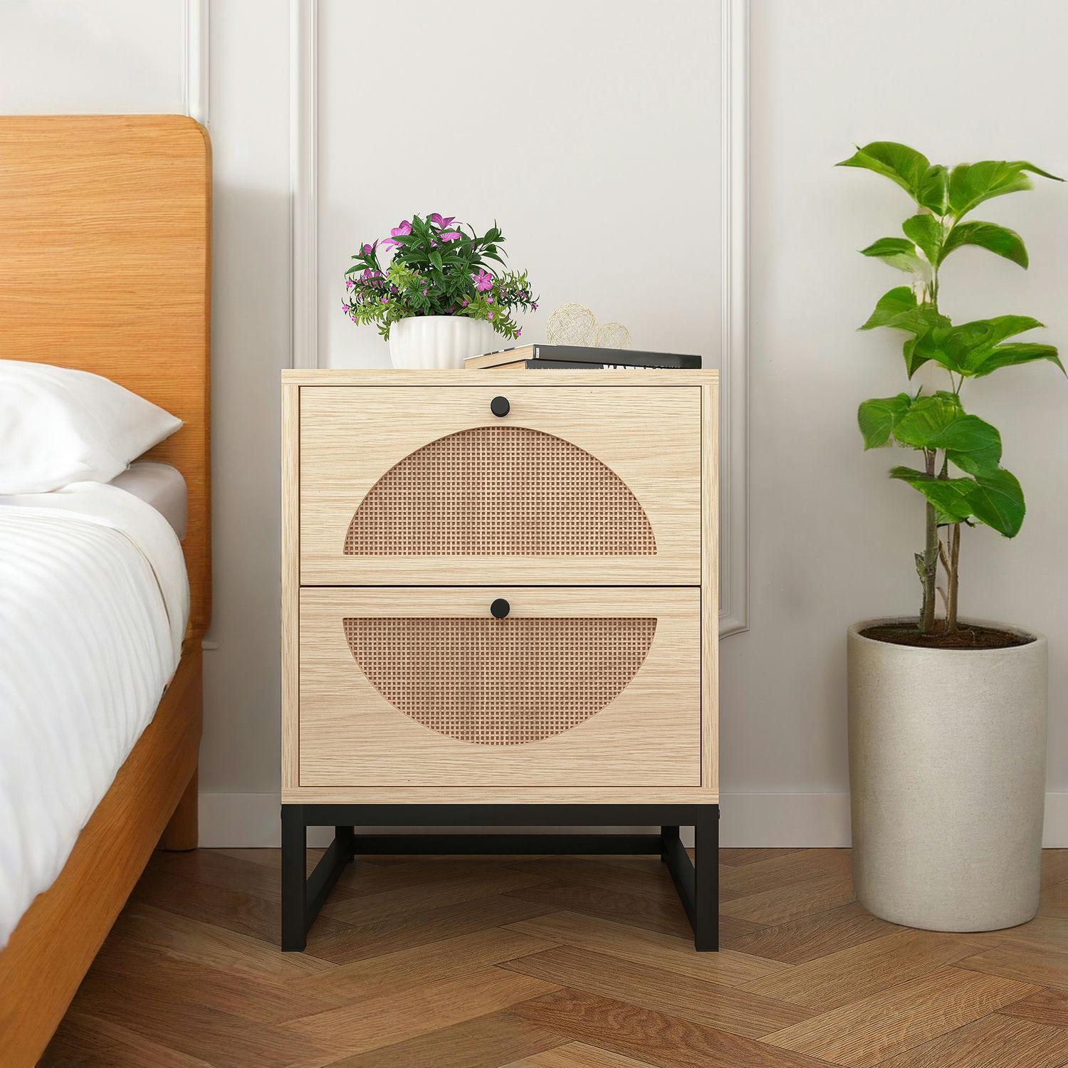 Nightstand with 2 Drawers, Rattan Bedside Table with Metal Leg, Modern End Side Table, Accent Storage Cabinet, For Bedroom, Living Room, Natural