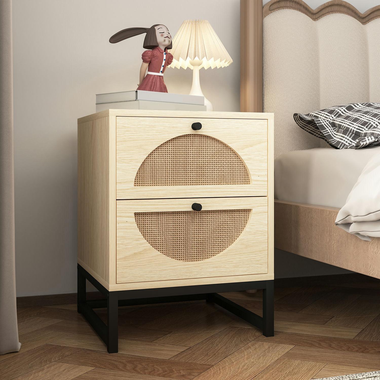 Nightstand with 2 Drawers, Rattan Bedside Table with Metal Leg, Modern End Side Table, Accent Storage Cabinet, For Bedroom, Living Room, Natural