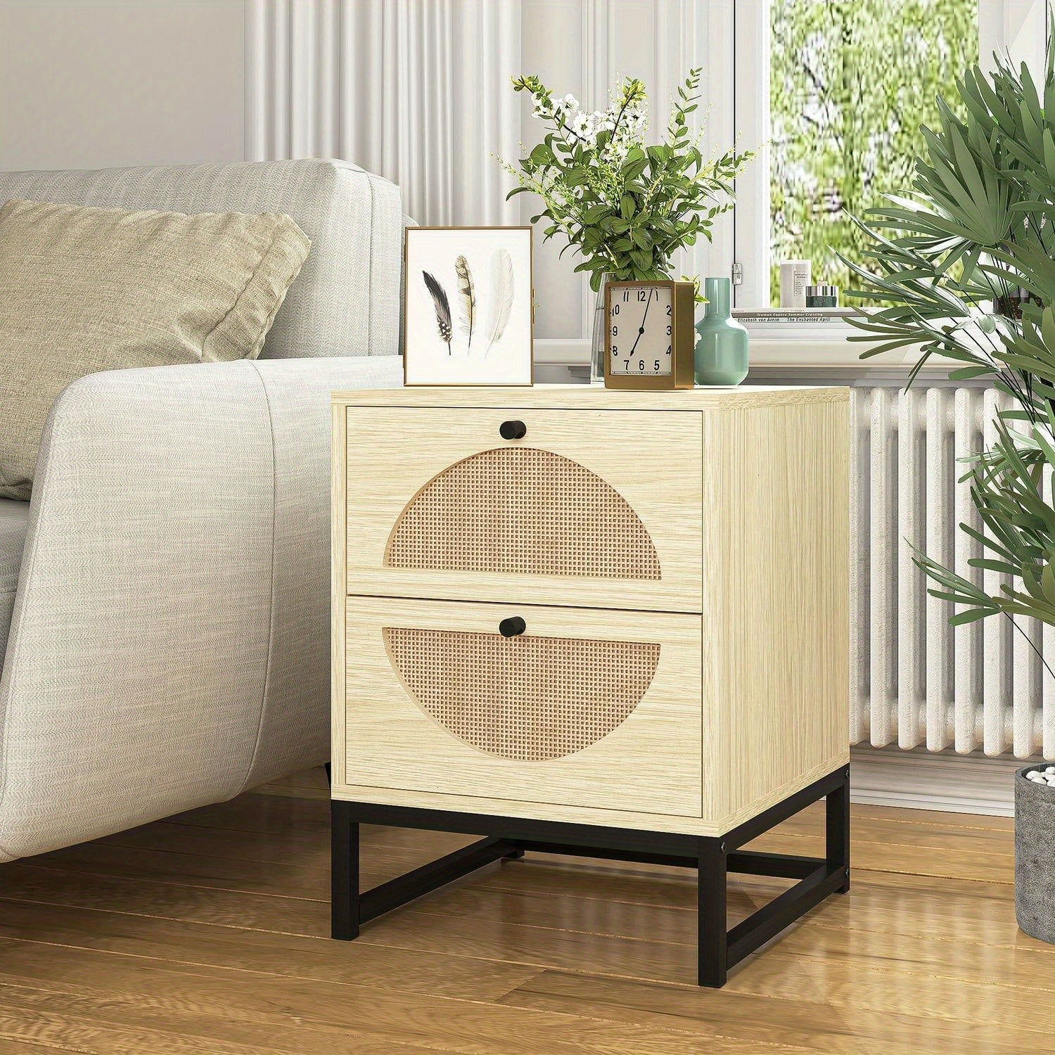 Nightstand with 2 Drawers, Rattan Bedside Table with Metal Leg, Modern End Side Table, Accent Storage Cabinet, For Bedroom, Living Room, Natural