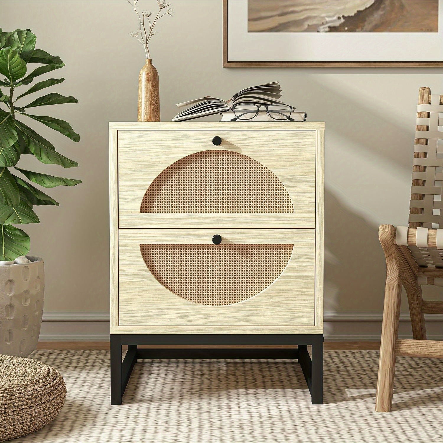 Nightstand with 2 Drawers, Rattan Bedside Table with Metal Leg, Modern End Side Table, Accent Storage Cabinet, For Bedroom, Living Room, Natural