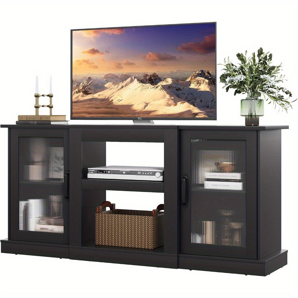 Retro TV Stand for 165cm TV, TV Console Cabinet with Storage, Open Shelves Entertainment Center for Living Room and Bedroom, Black