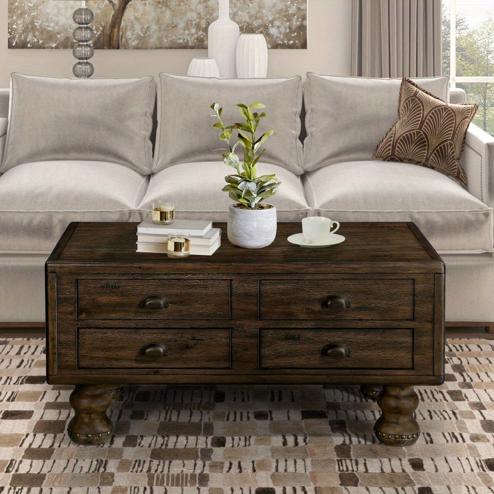 Vintage-Style Rectangular Coffee Table with Storage - Solid Wood, MDF, and Fiberboard Construction - 4 Space-Saving Drawers - Rivet Detailing - No Electricity Required - Hardwood and Cork Materials - Easy Assembly - Espresso