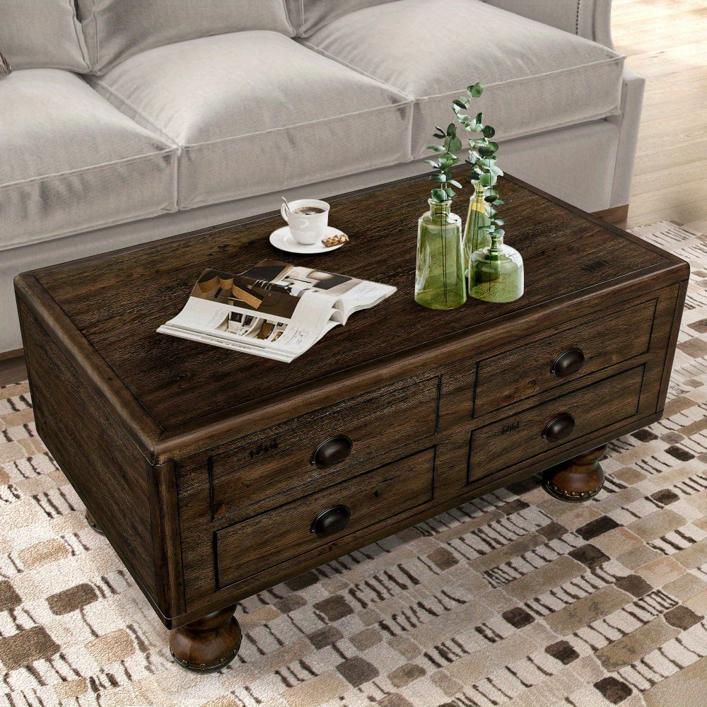 Vintage-Style Rectangular Coffee Table with Storage - Solid Wood, MDF, and Fiberboard Construction - 4 Space-Saving Drawers - Rivet Detailing - No Electricity Required - Hardwood and Cork Materials - Easy Assembly - Espresso