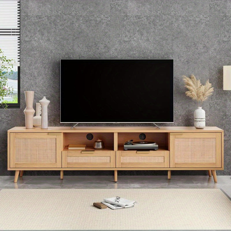 Spacious Modern Farmhouse Rattan TV Stand - Fits TVs up to 85", Solid Wood Legs, Open Shelves & Woven Storage, Ideal for Living Room Entertainment Center