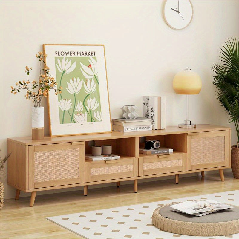 Spacious Modern Farmhouse Rattan TV Stand - Fits TVs up to 85", Solid Wood Legs, Open Shelves & Woven Storage, Ideal for Living Room Entertainment Center