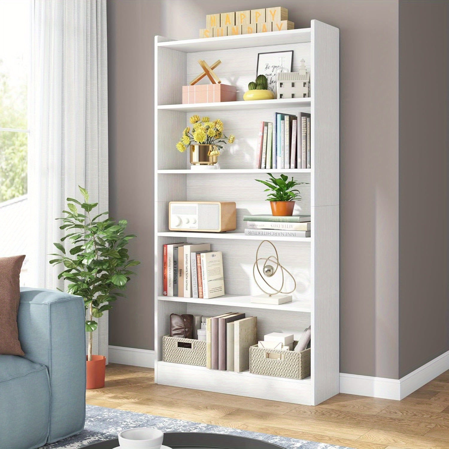 183cm Tall Bookcase, Modern 6-Tier White Library Bookshelf with Storage Shelves, Large Open Bookcases Wood Display Shelving Unit for Bedroom Living Room Office