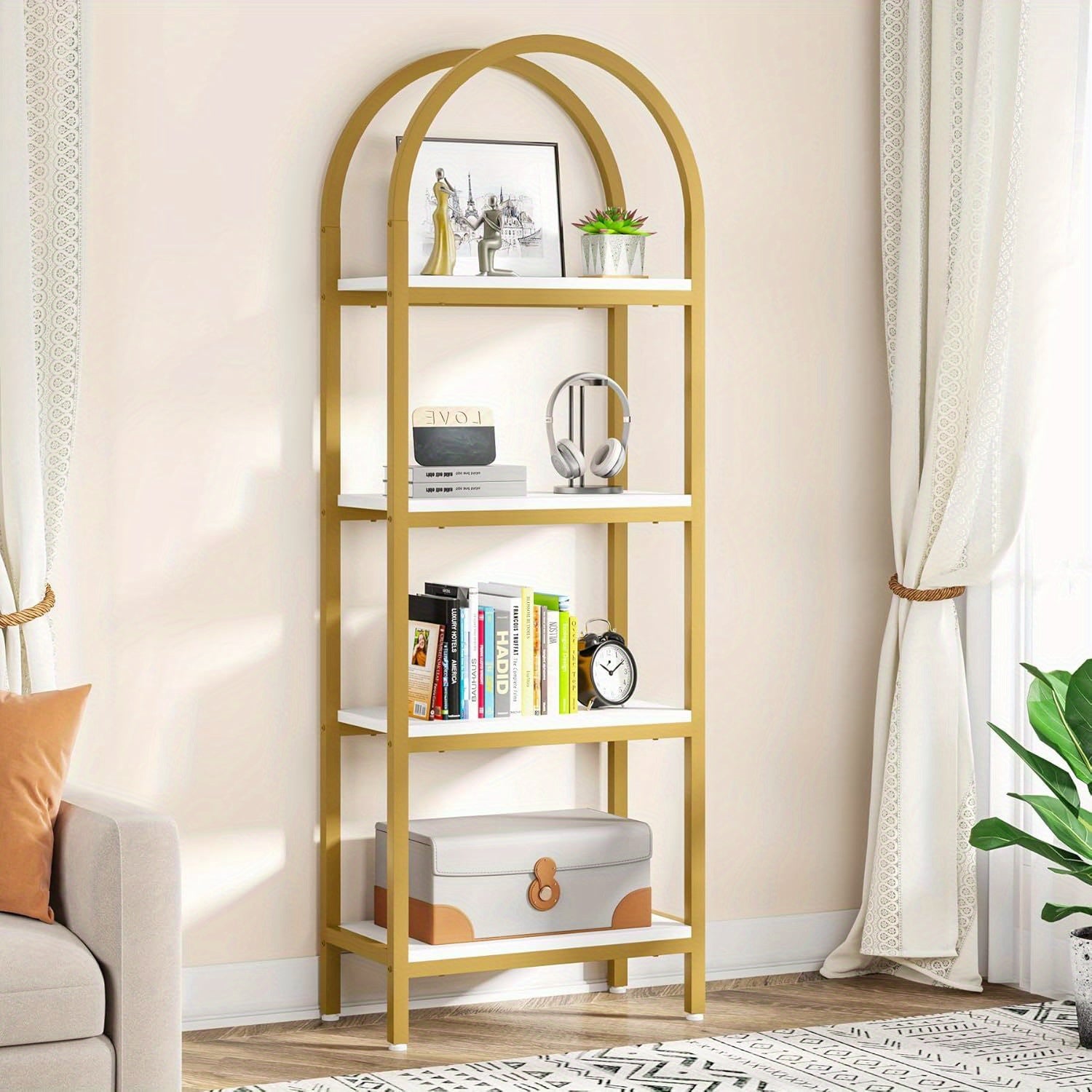 4-Tier Open Bookshelf, 180cm Modern Arched Bookcase Storage Shelves with Metal Frame, Farmhouse Storage Rack Tall Standing Bookshelves for Bedroom, Living Room, Home Office