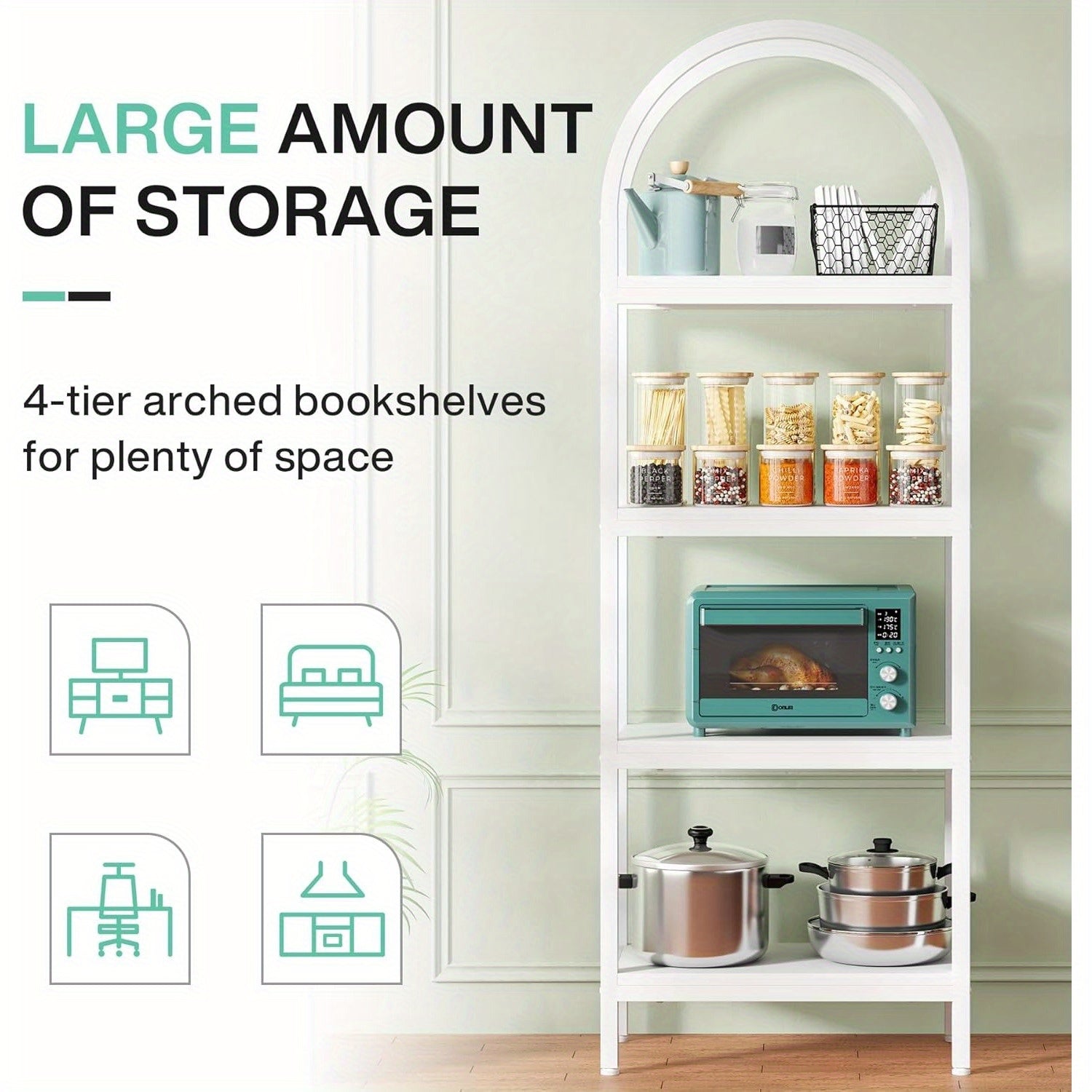 4-Tier Open Bookshelf, 180cm Modern Arched Bookcase Storage Shelves with Metal Frame, Farmhouse Storage Rack Tall Standing Bookshelves for Bedroom, Living Room, Home Office