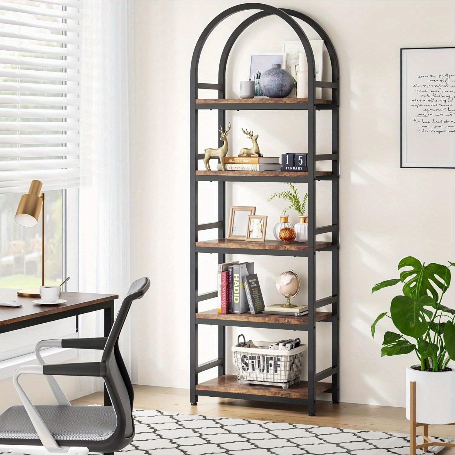 4-Tier Open Bookshelf, 180cm Modern Arched Bookcase Storage Shelves with Metal Frame, Farmhouse Storage Rack Tall Standing Bookshelves for Bedroom, Living Room, Home Office