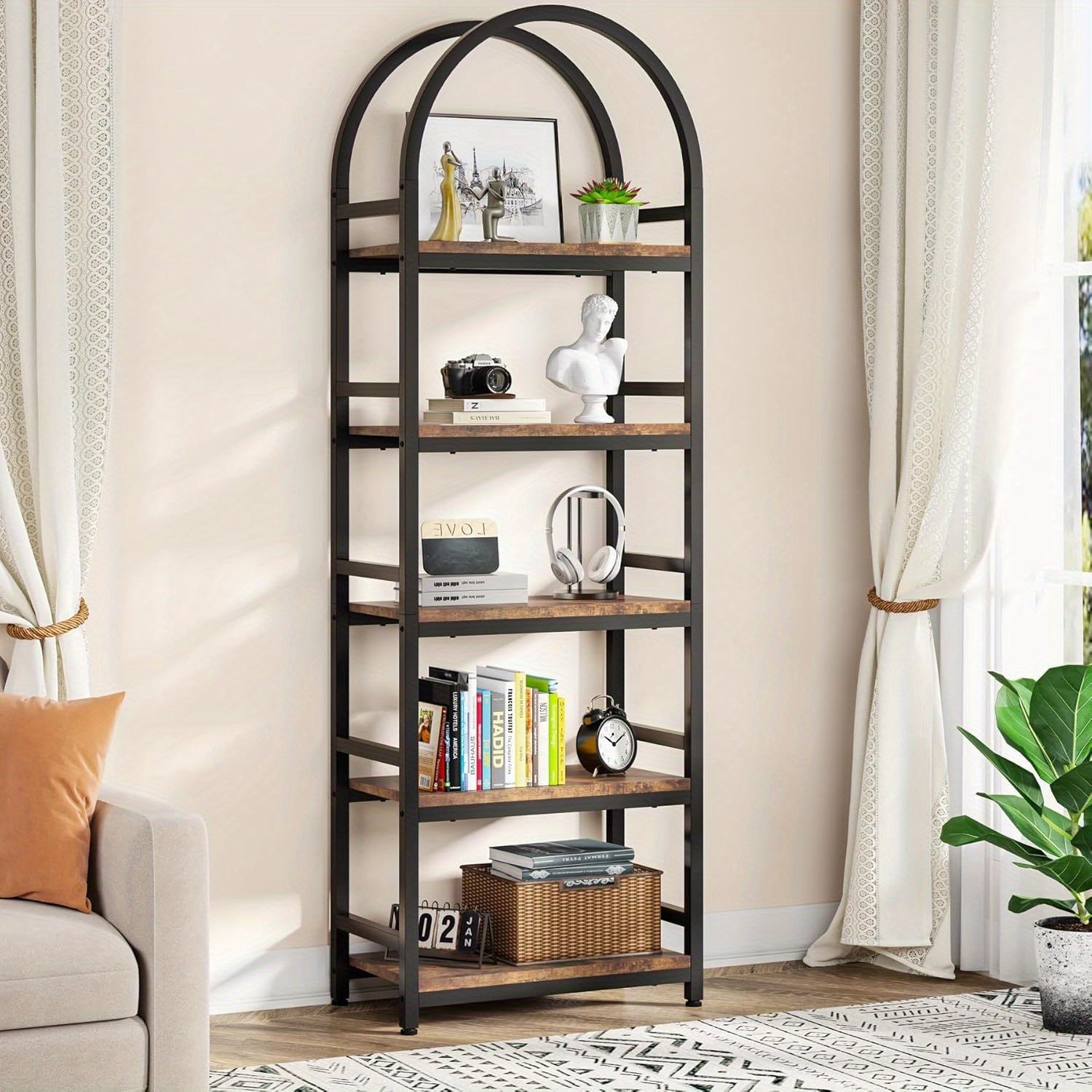 4-Tier Open Bookshelf, 180cm Modern Arched Bookcase Storage Shelves with Metal Frame, Farmhouse Storage Rack Tall Standing Bookshelves for Bedroom, Living Room, Home Office