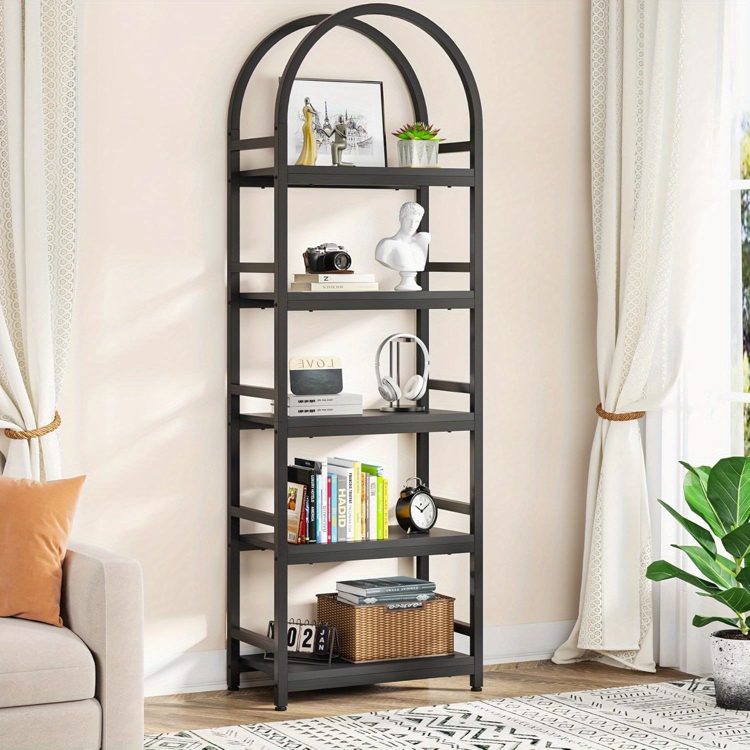 4-Tier Open Bookshelf, 180cm Modern Arched Bookcase Storage Shelves with Metal Frame, Farmhouse Storage Rack Tall Standing Bookshelves for Bedroom, Living Room, Home Office