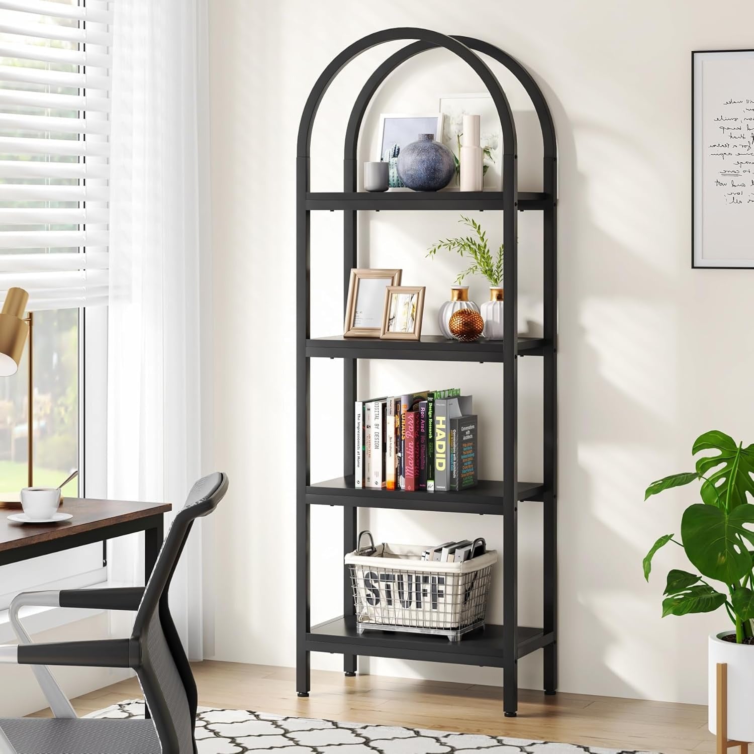 4-Tier Open Bookshelf, 180cm Modern Arched Bookcase Storage Shelves with Metal Frame, Farmhouse Storage Rack Tall Standing Bookshelves for Bedroom, Living Room, Home Office