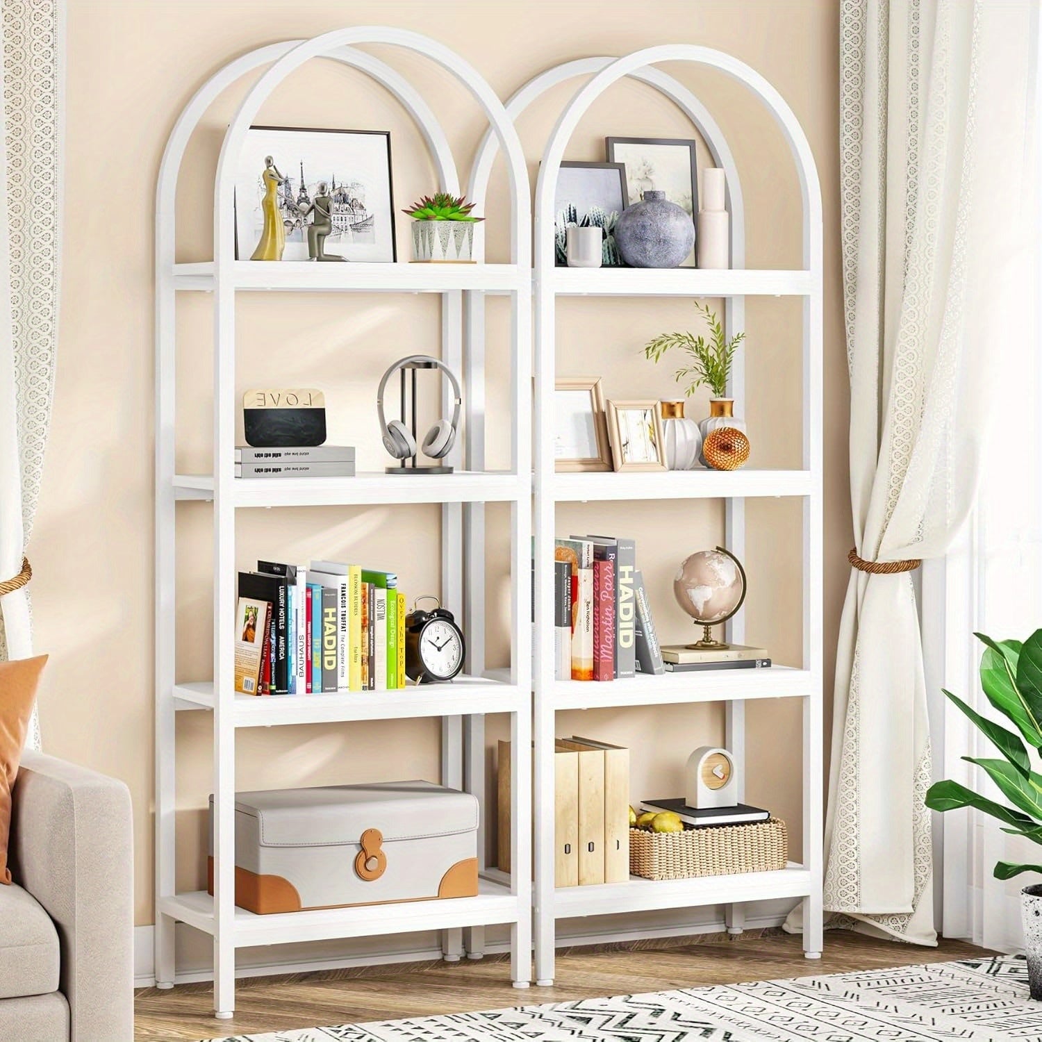 4-Tier Open Bookshelf, 180cm Modern Arched Bookcase Storage Shelves with Metal Frame, Farmhouse Storage Rack Tall Standing Bookshelves for Bedroom, Living Room, Home Office