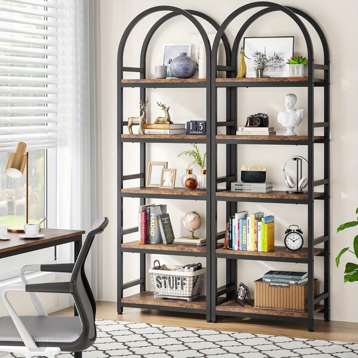 4-Tier Open Bookshelf, 180cm Modern Arched Bookcase Storage Shelves with Metal Frame, Farmhouse Storage Rack Tall Standing Bookshelves for Bedroom, Living Room, Home Office