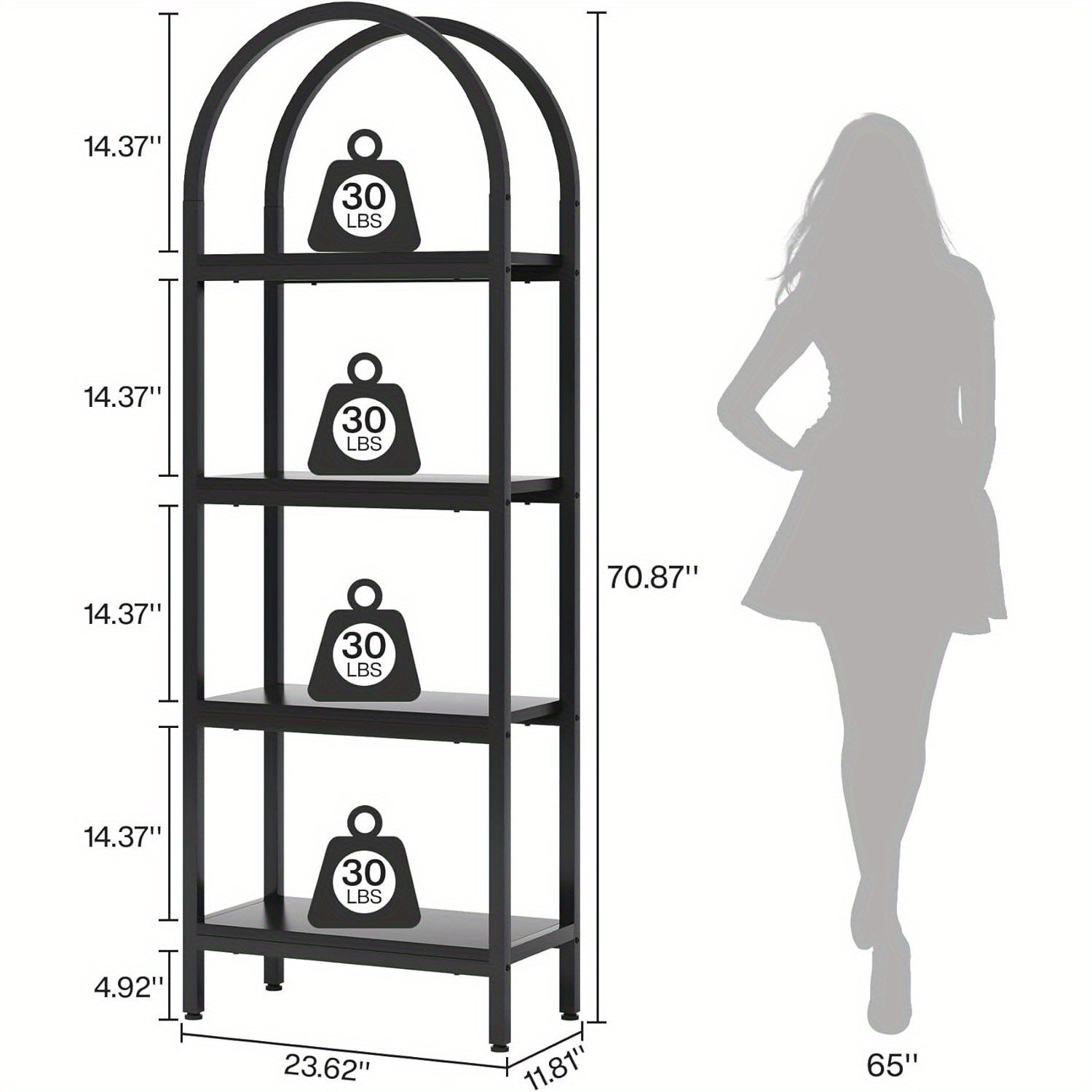 4-Tier Open Bookshelf, 180cm Modern Arched Bookcase Storage Shelves with Metal Frame, Farmhouse Storage Rack Tall Standing Bookshelves for Bedroom, Living Room, Home Office