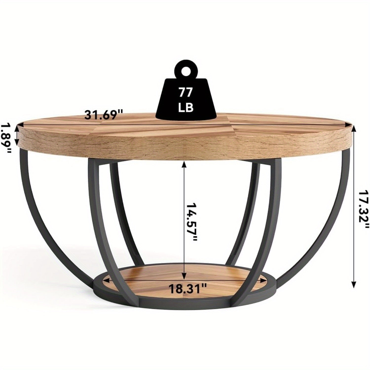 Round Coffee Table, 82cm Circle Coffee Table For Living Room, 2-Tier Wood Accent Center Table With Open Storage Modern Design Home Furniture (Wood Grain And Black)