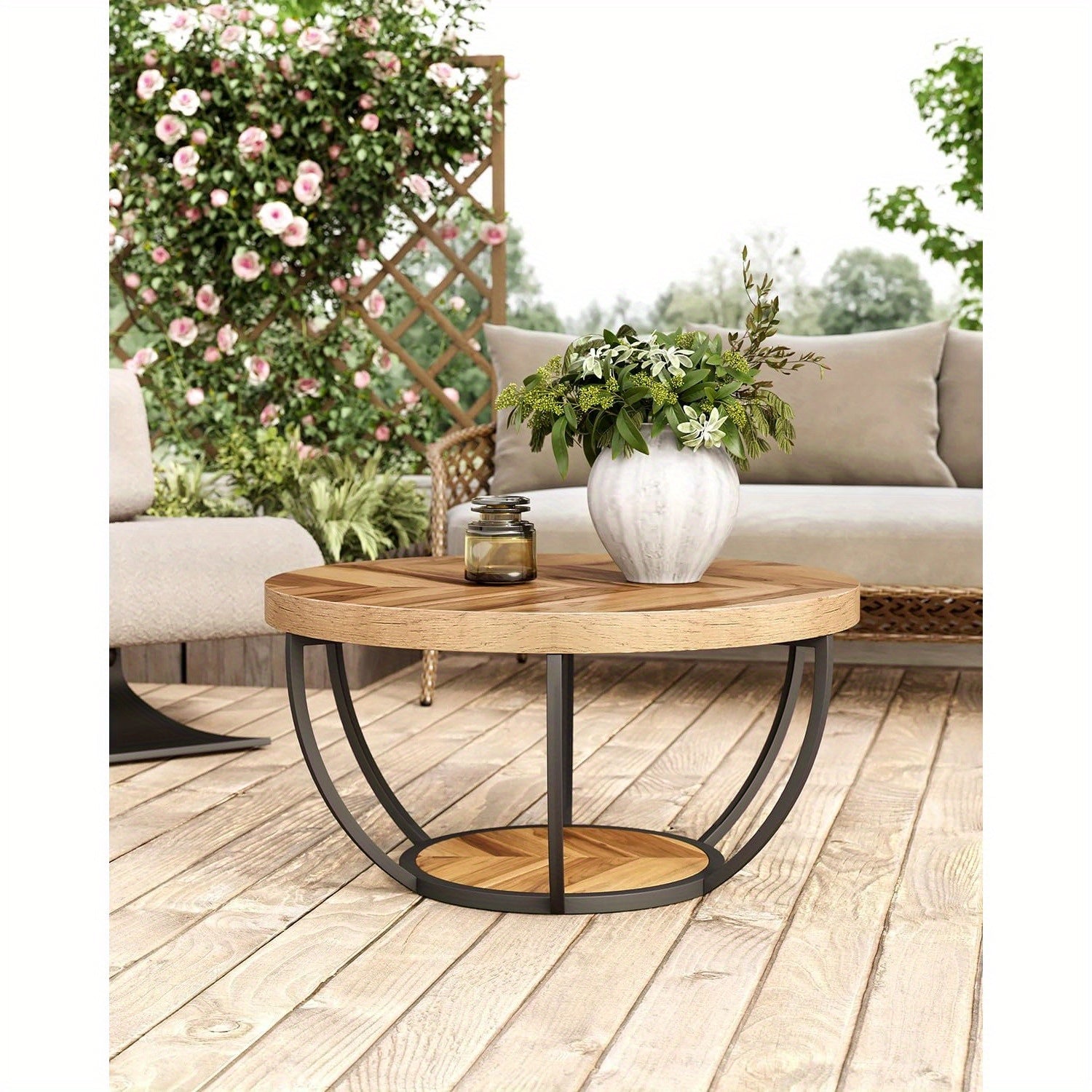 Round Coffee Table, 82cm Circle Coffee Table For Living Room, 2-Tier Wood Accent Center Table With Open Storage Modern Design Home Furniture (Wood Grain And Black)