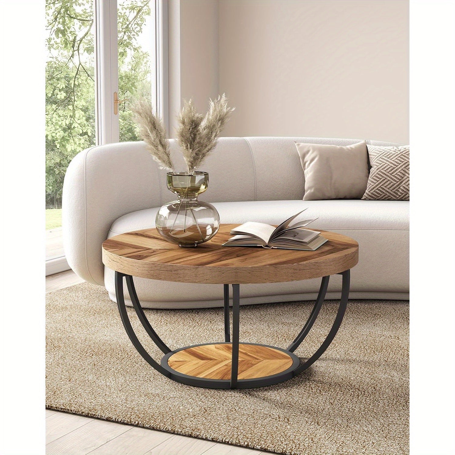 Round Coffee Table, 82cm Circle Coffee Table For Living Room, 2-Tier Wood Accent Center Table With Open Storage Modern Design Home Furniture (Wood Grain And Black)